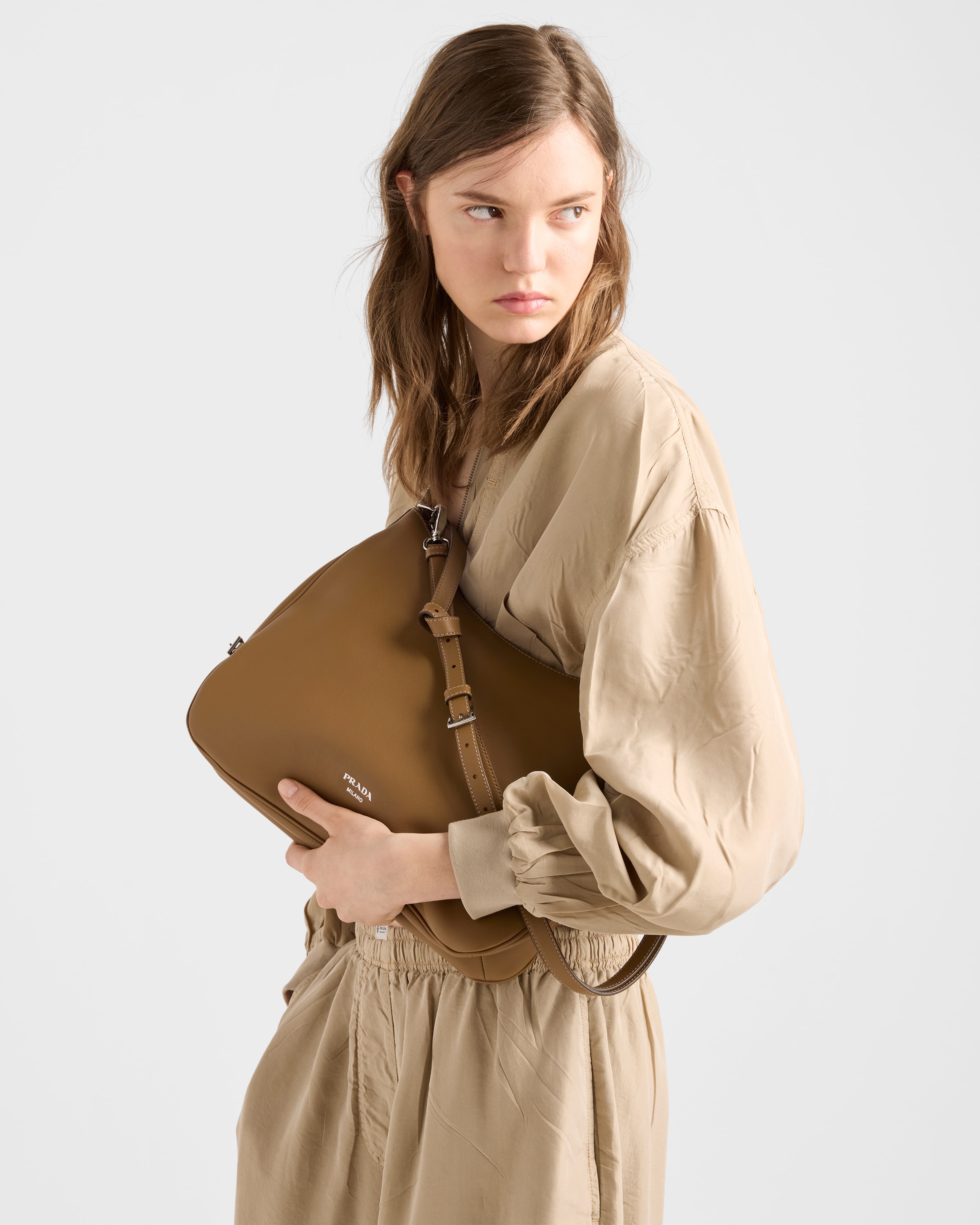 Caramel Prada Fold large leather shoulder bag | PRADA - United States
