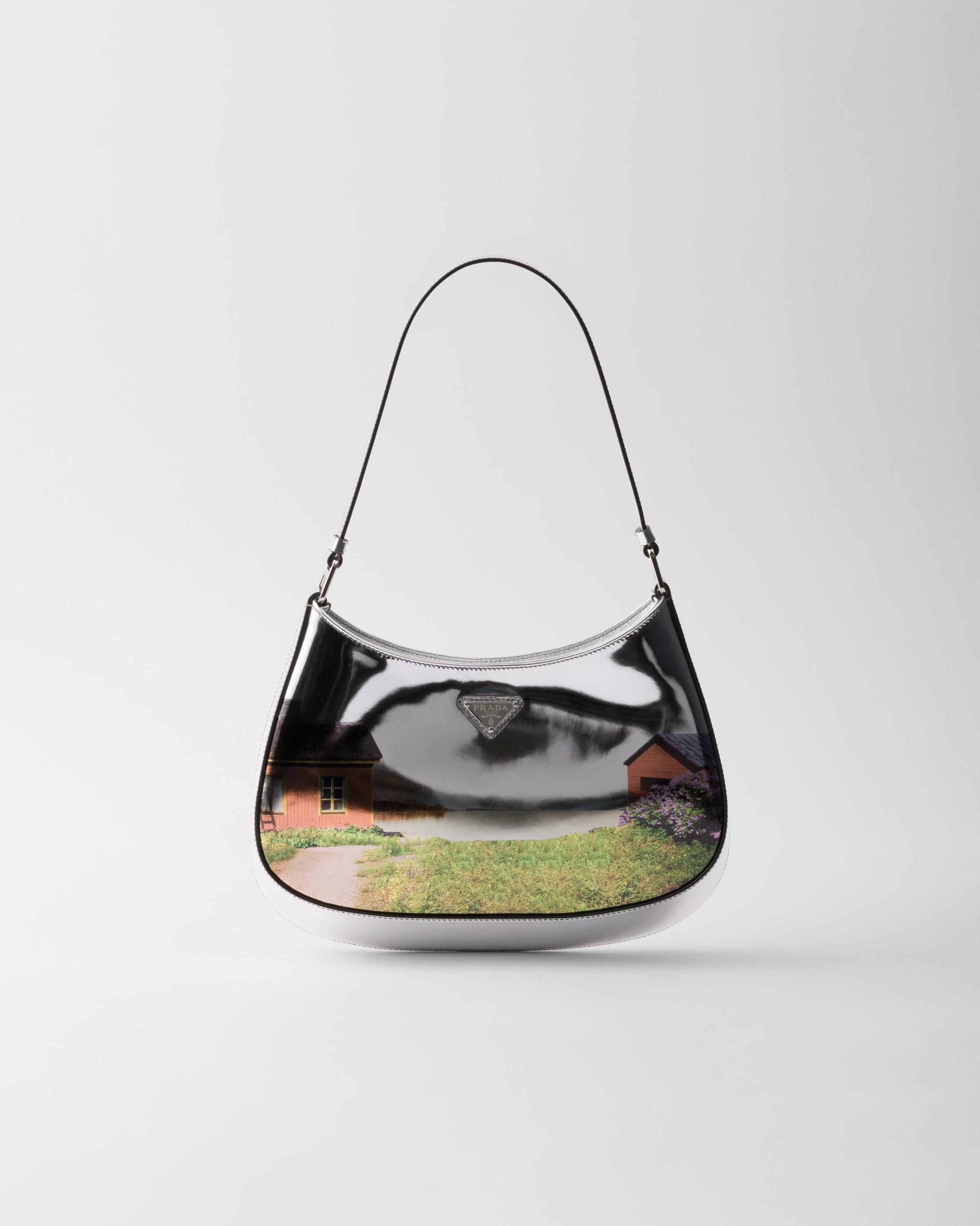 Prada Cleo Printed Brushed Leather Shoulder Bag In Silber