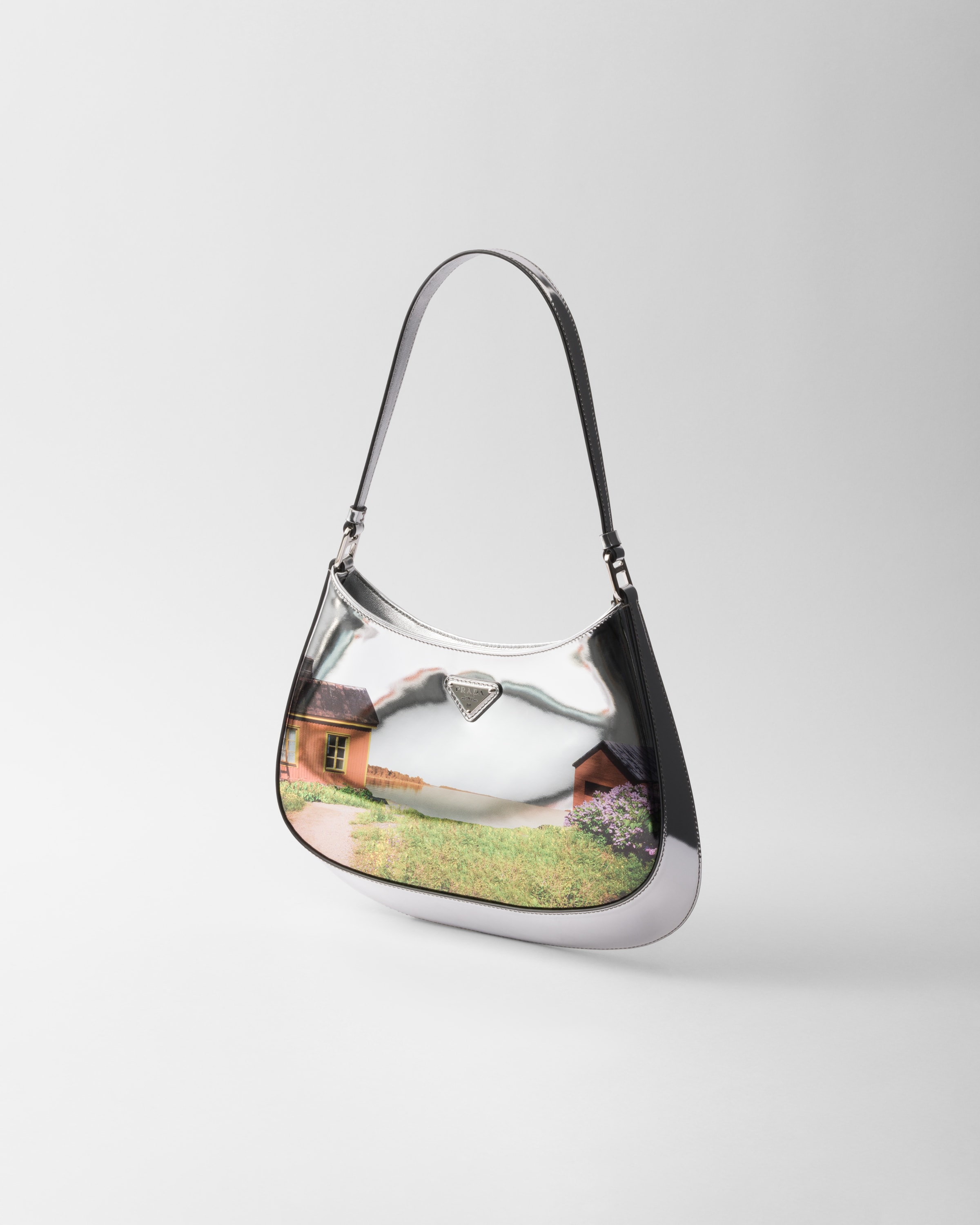 Prada Cleo Printed Brushed Leather Shoulder Bag In Silber