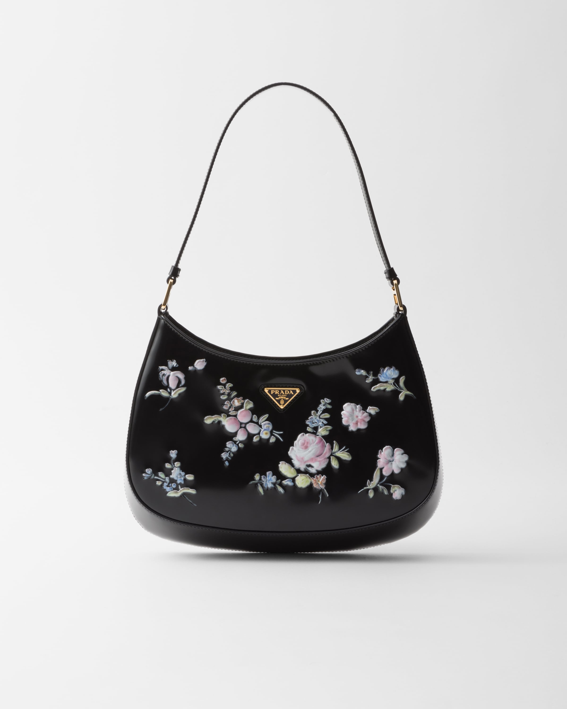 Black Prada Cleo Printed Brushed Leather Shoulder Bag PRADA