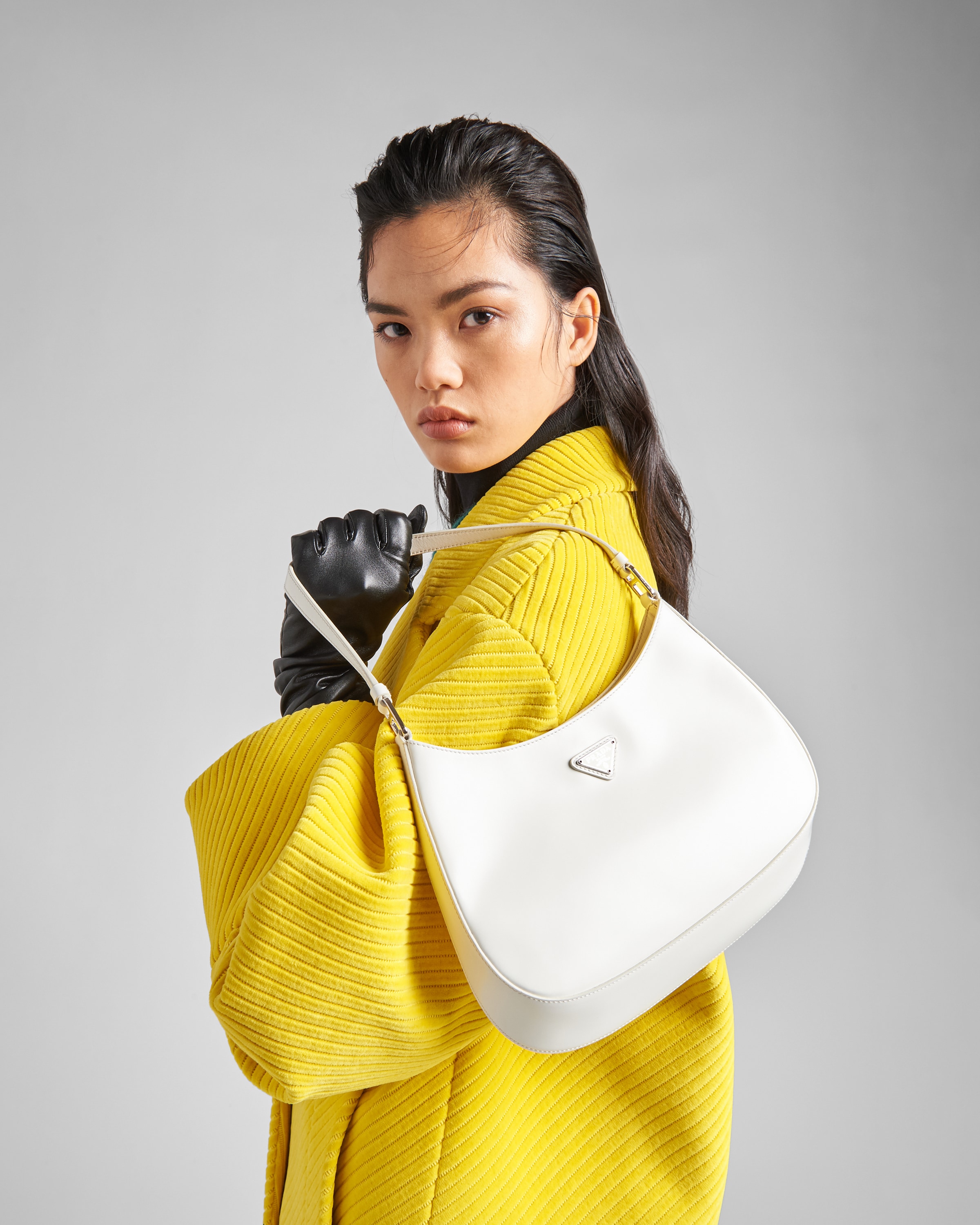 White Prada Cleo Brushed Leather Shoulder Bag PRADA