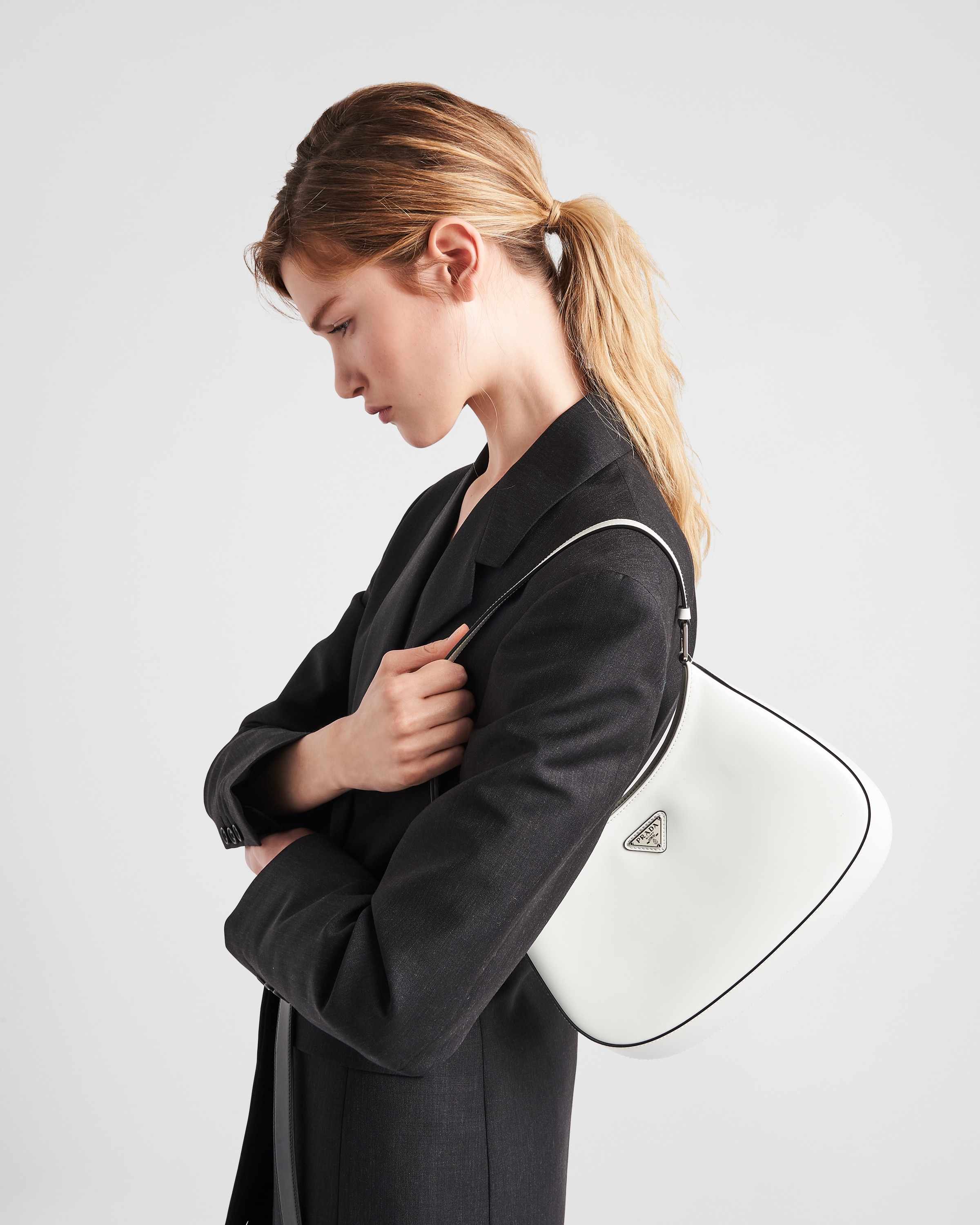 White Prada Cleo Brushed Leather Shoulder Bag PRADA