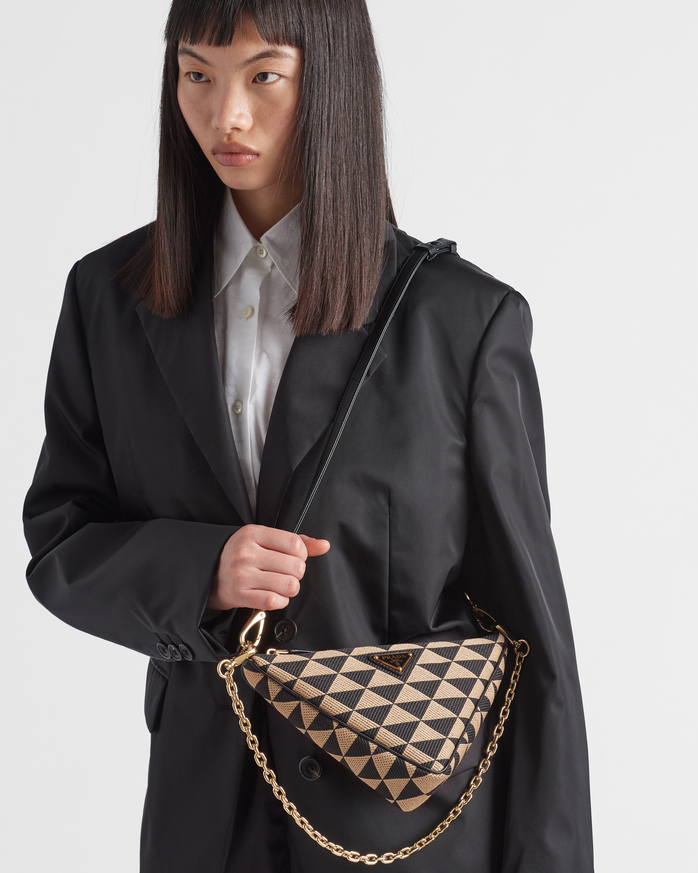Black beige Embroidered Jacquard Fabric Mini bag PRADA