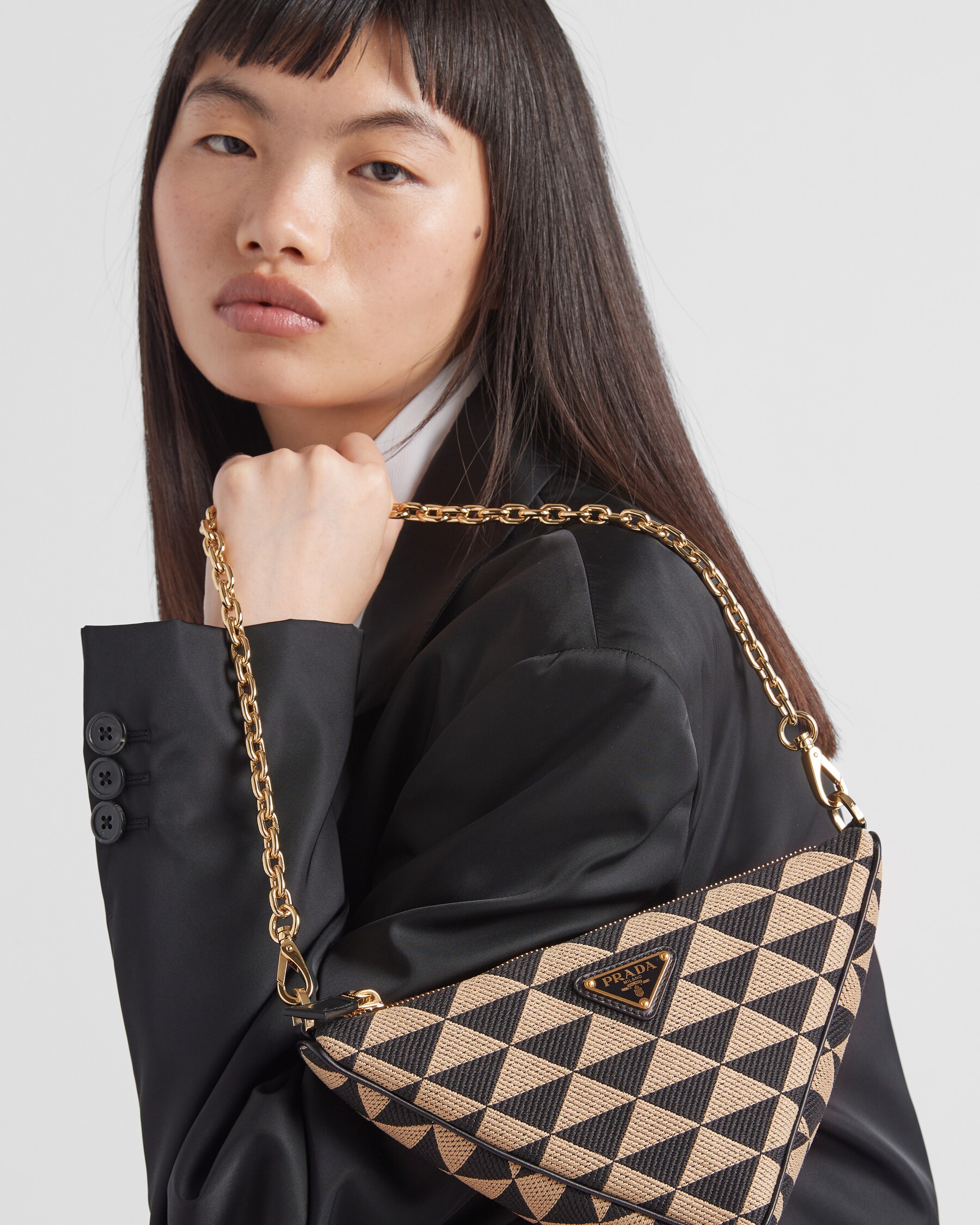 Black/beige Embroidered Jacquard Fabric Minibag PRADA