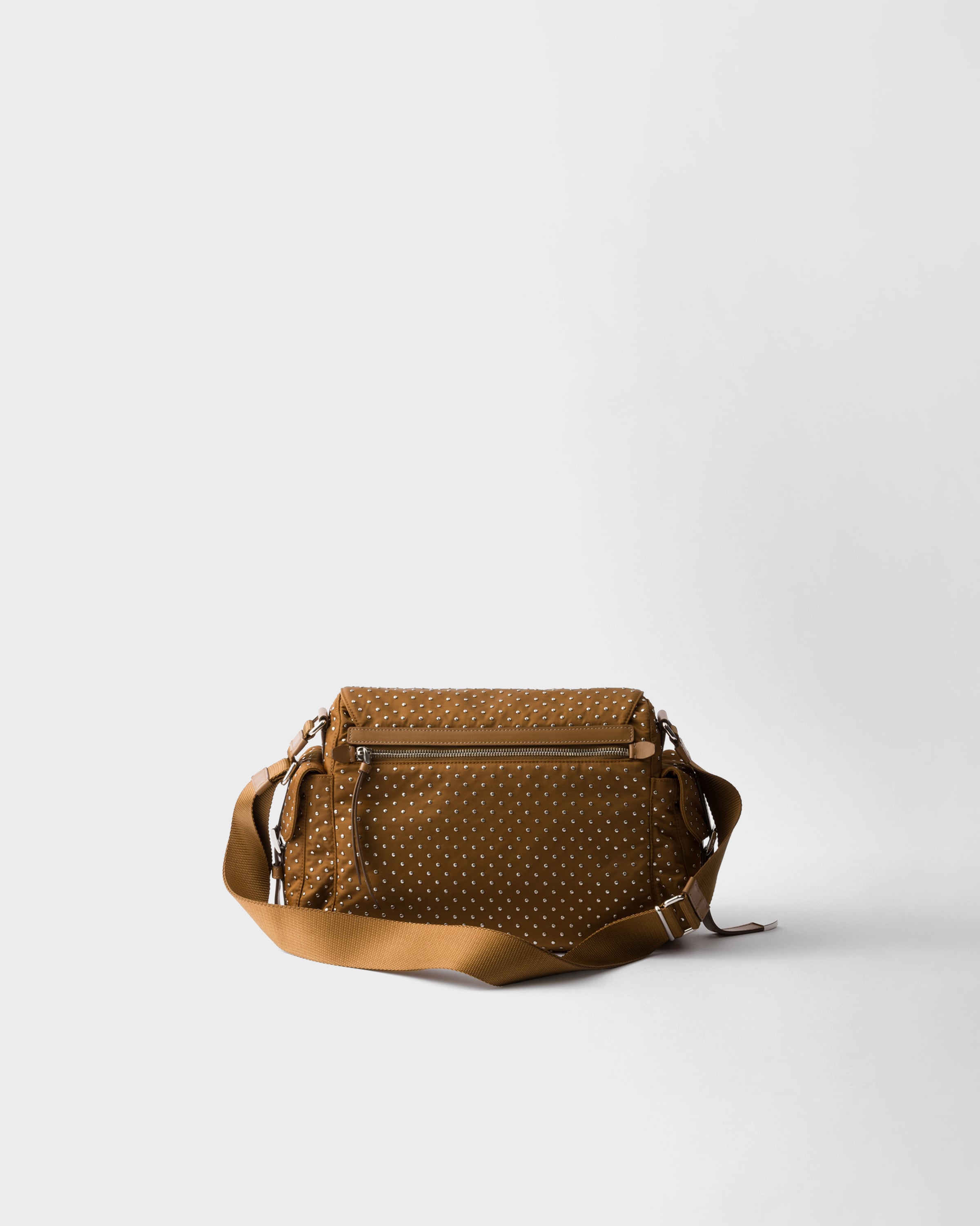 Shop Prada Re-nylon Shoulder Bag With Studs In Brandy