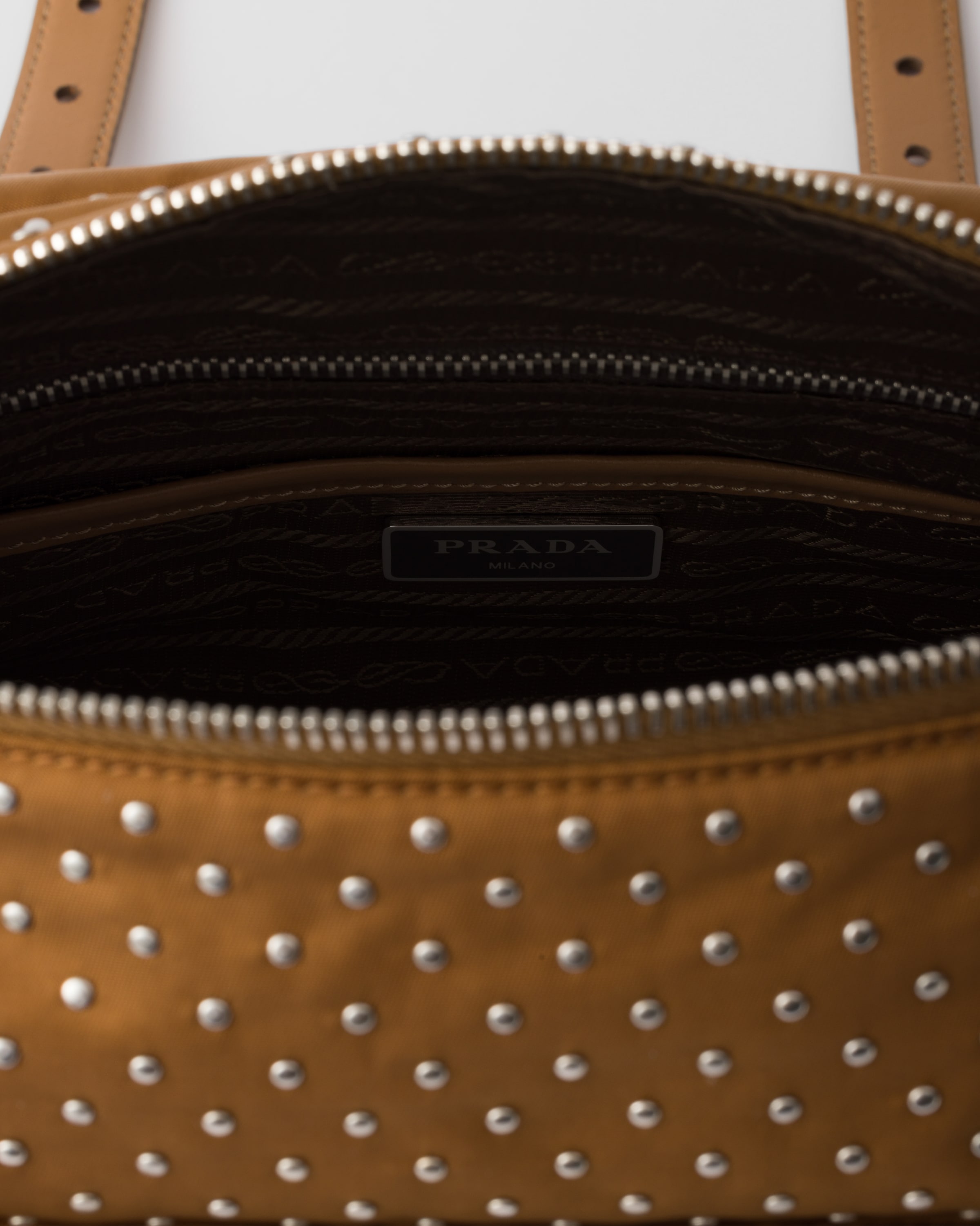 Shop Prada Re-nylon Shoulder Bag With Studs In Brandy