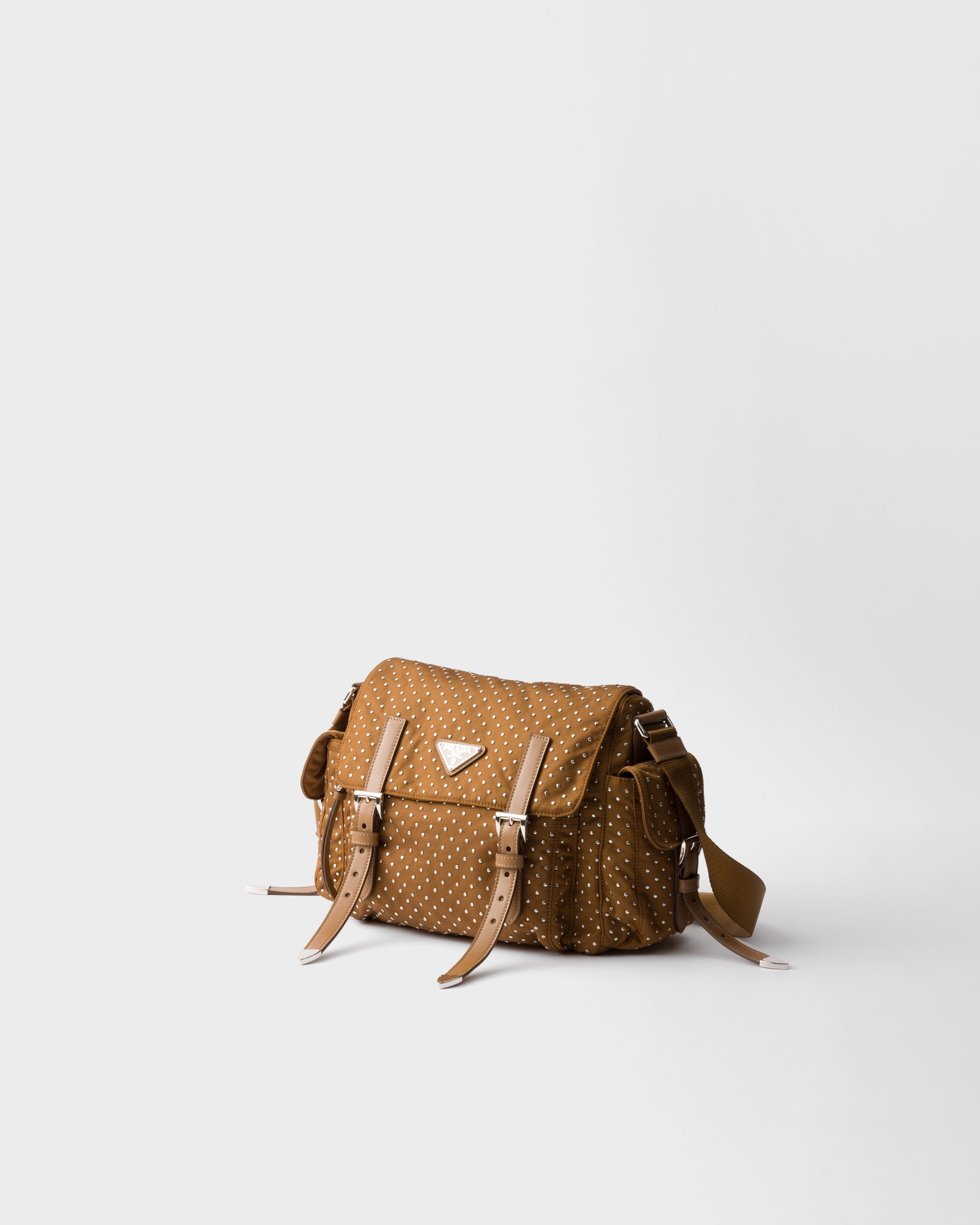 Shop Prada Re-nylon Shoulder Bag With Studs In Brandy