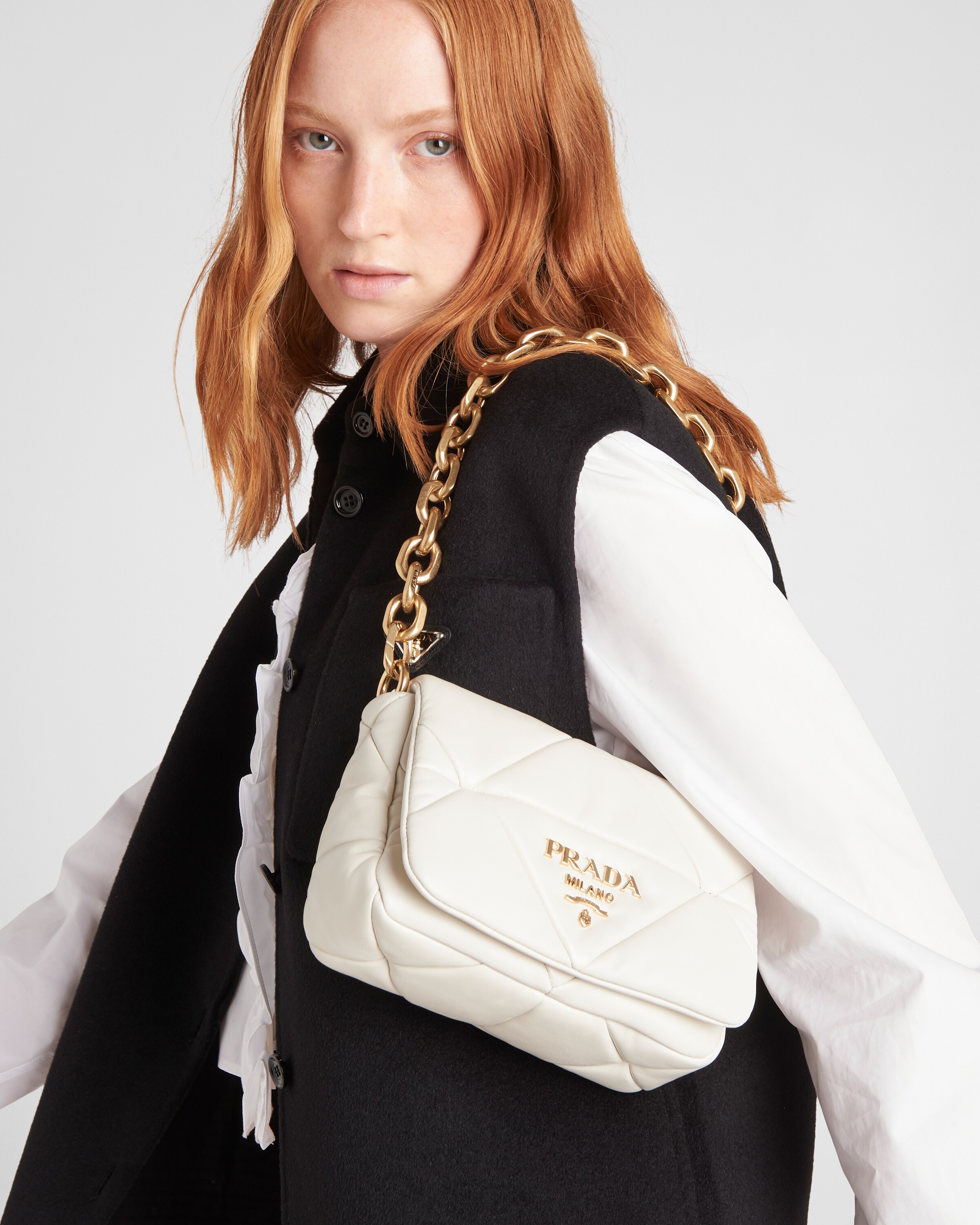 White Prada System Nappa Patchwork Shoulder Bag