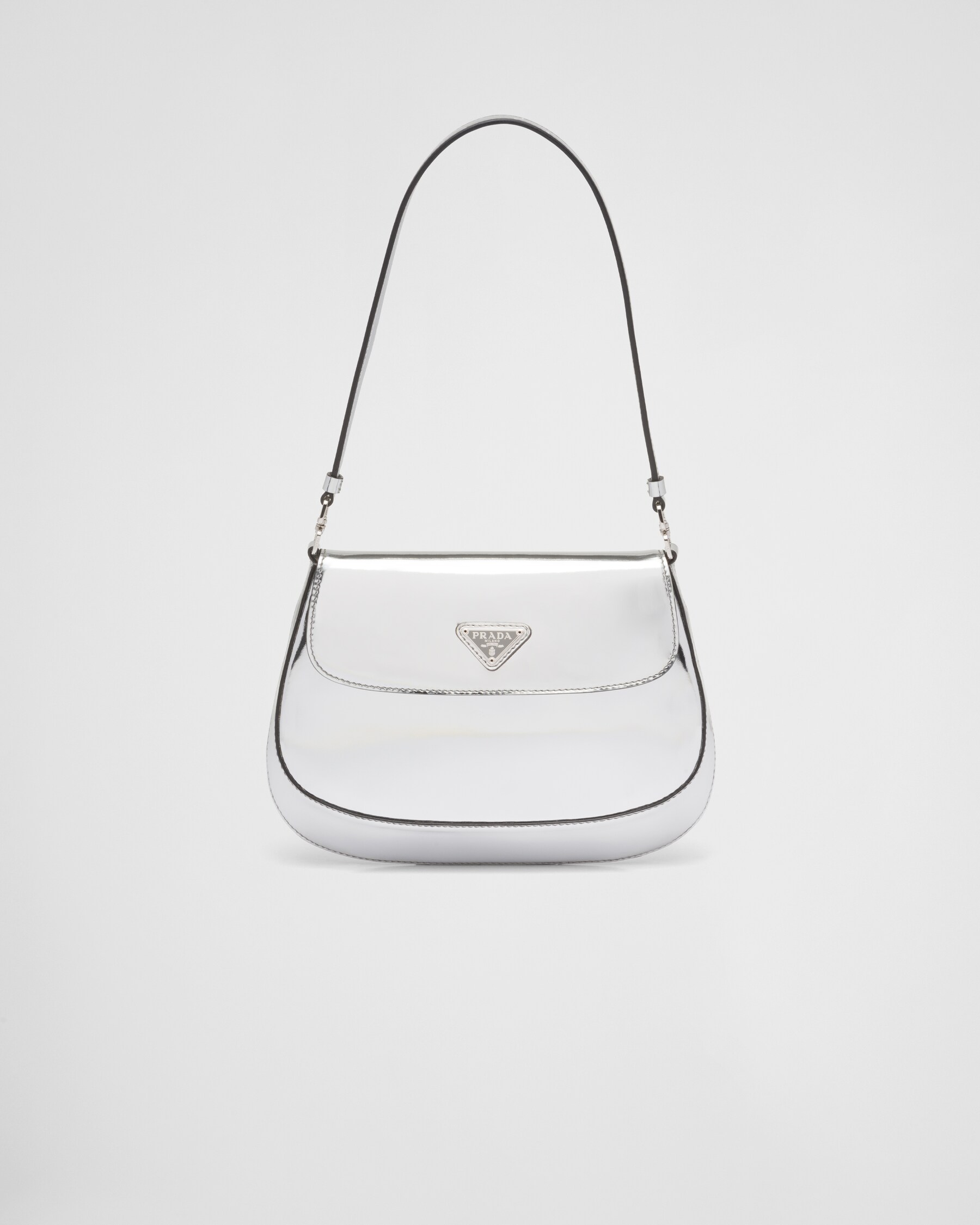 Silver Prada Cleo Brushed Leather Shoulder Bag With Flap PRADA