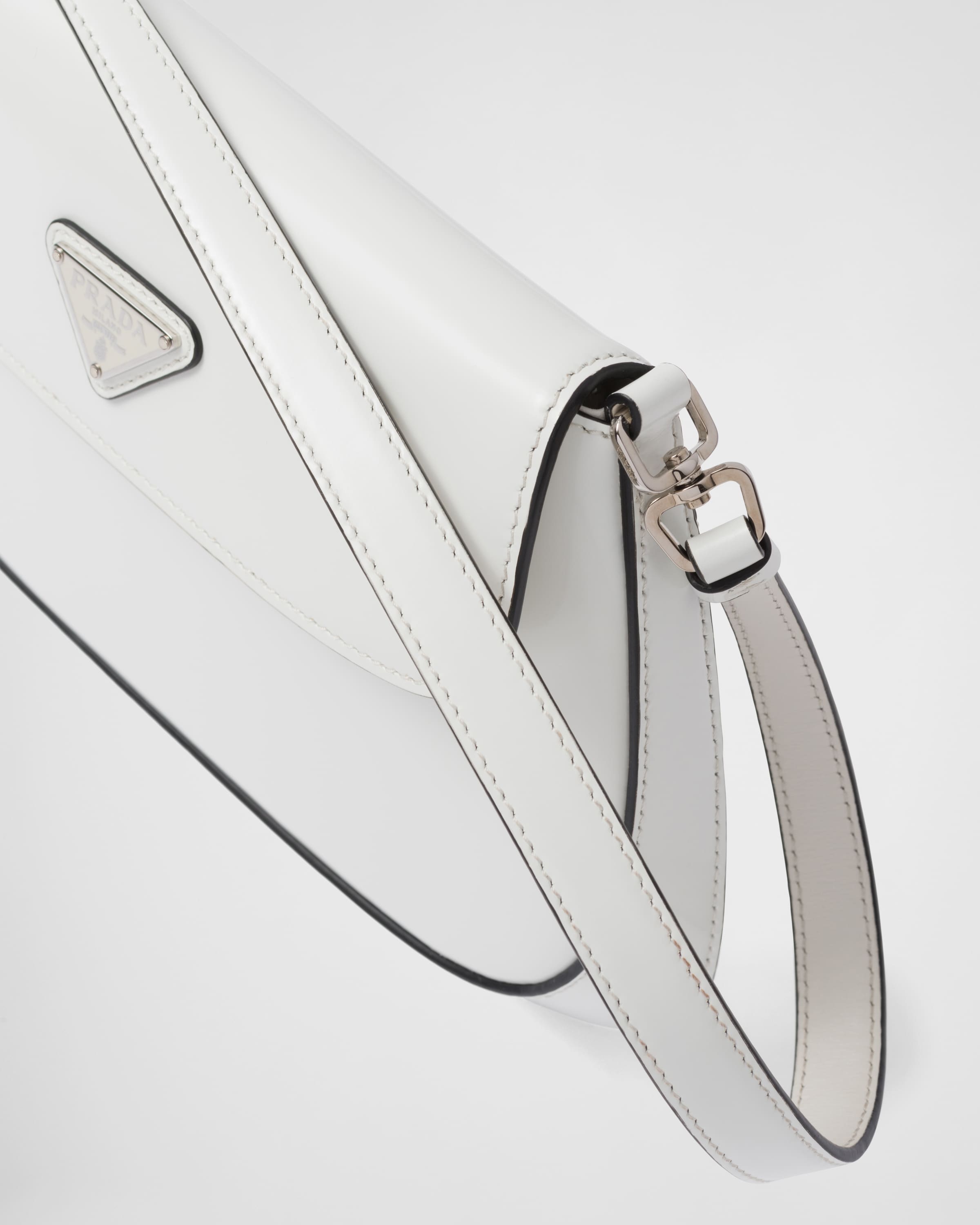 White Prada Cleo Brushed Leather Shoulder Bag With Flap