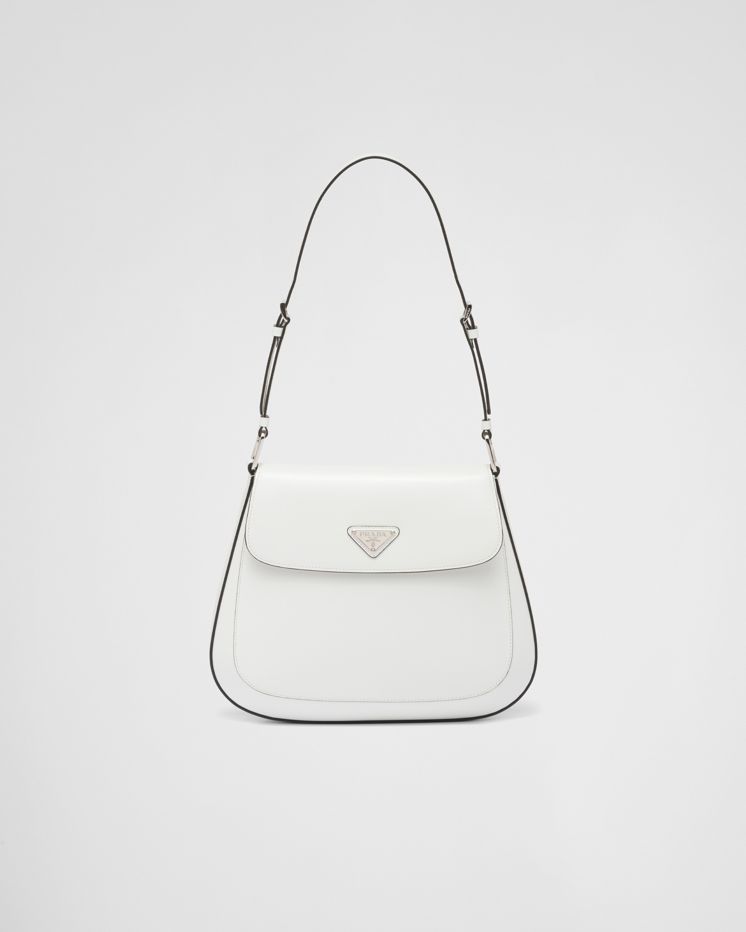 White Prada Cleo Brushed Leather Shoulder Bag With Flap PRADA