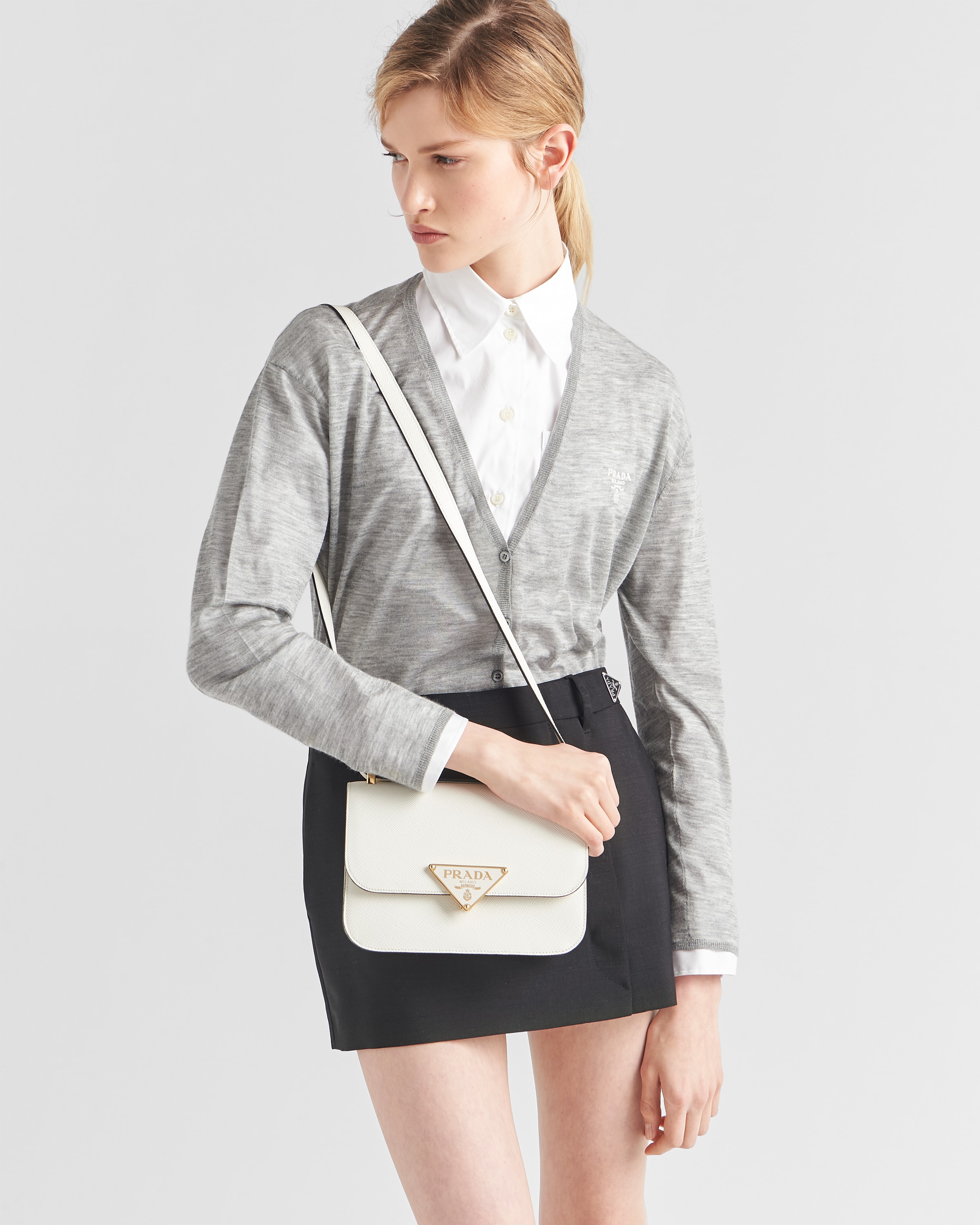 White Prada Embleme Saffiano Shoulder Bag PRADA
