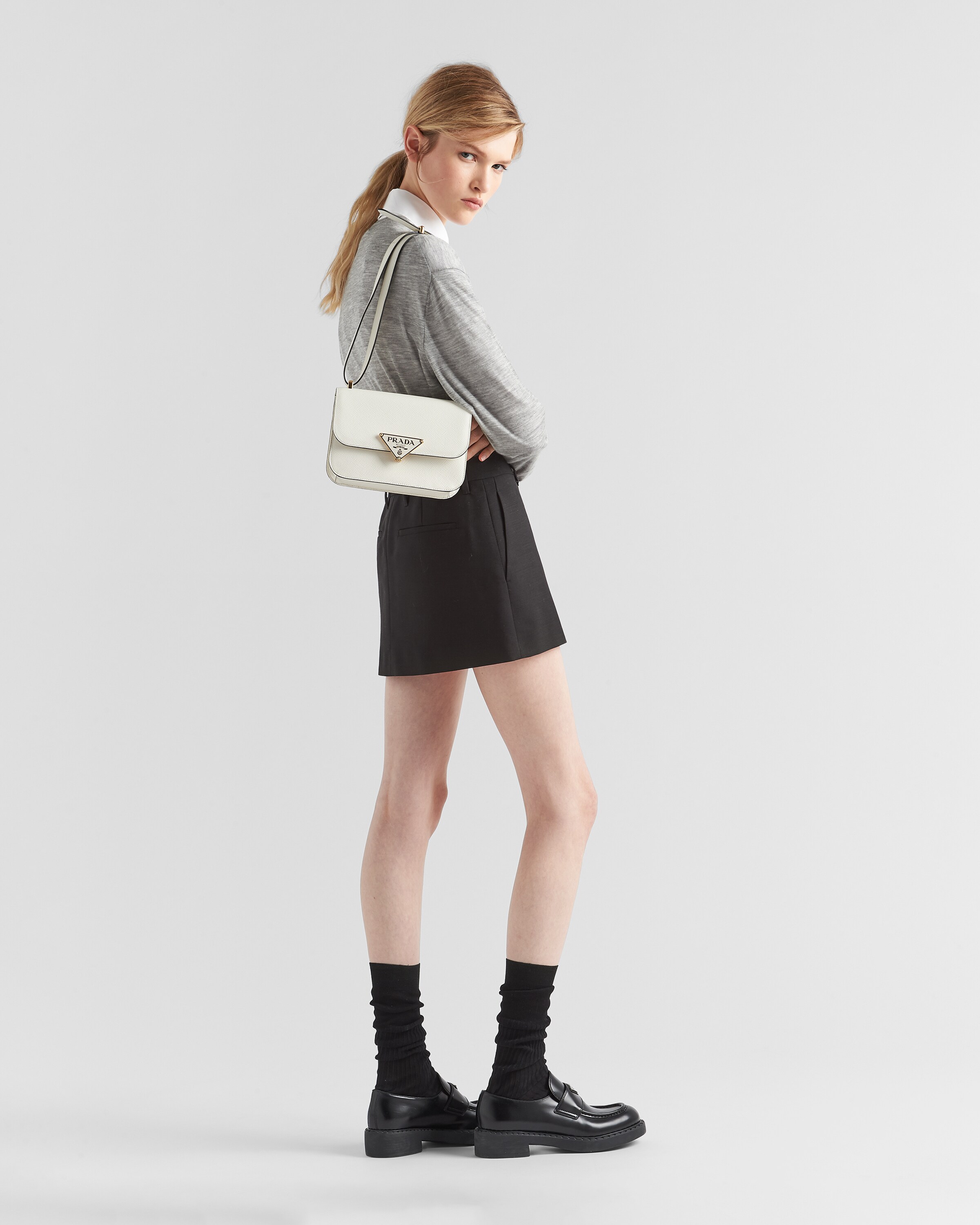 White Prada Embleme Saffiano Shoulder Bag PRADA