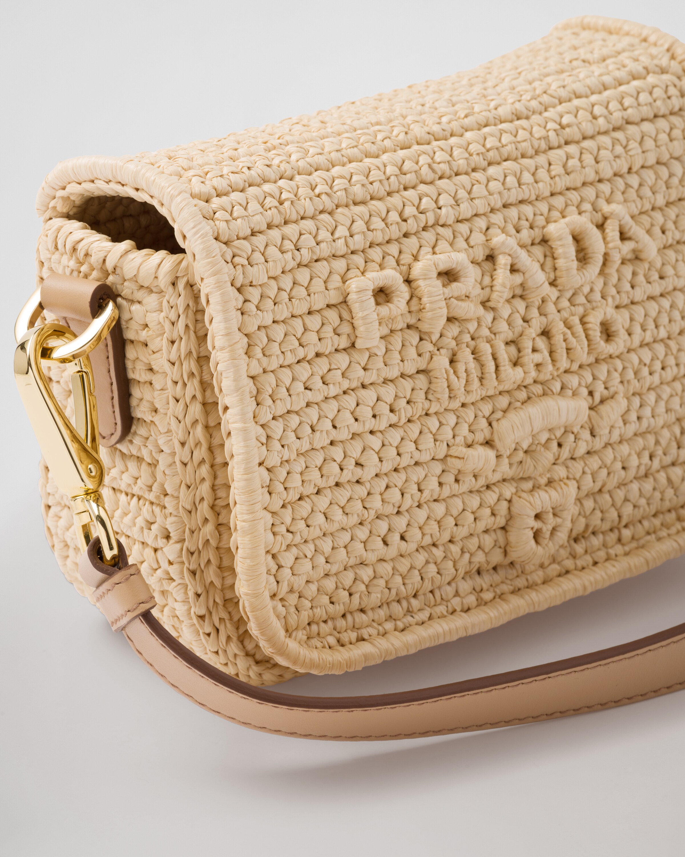 Natural Crochet And Leather Shoulder Bag With Flap Closure PRADA