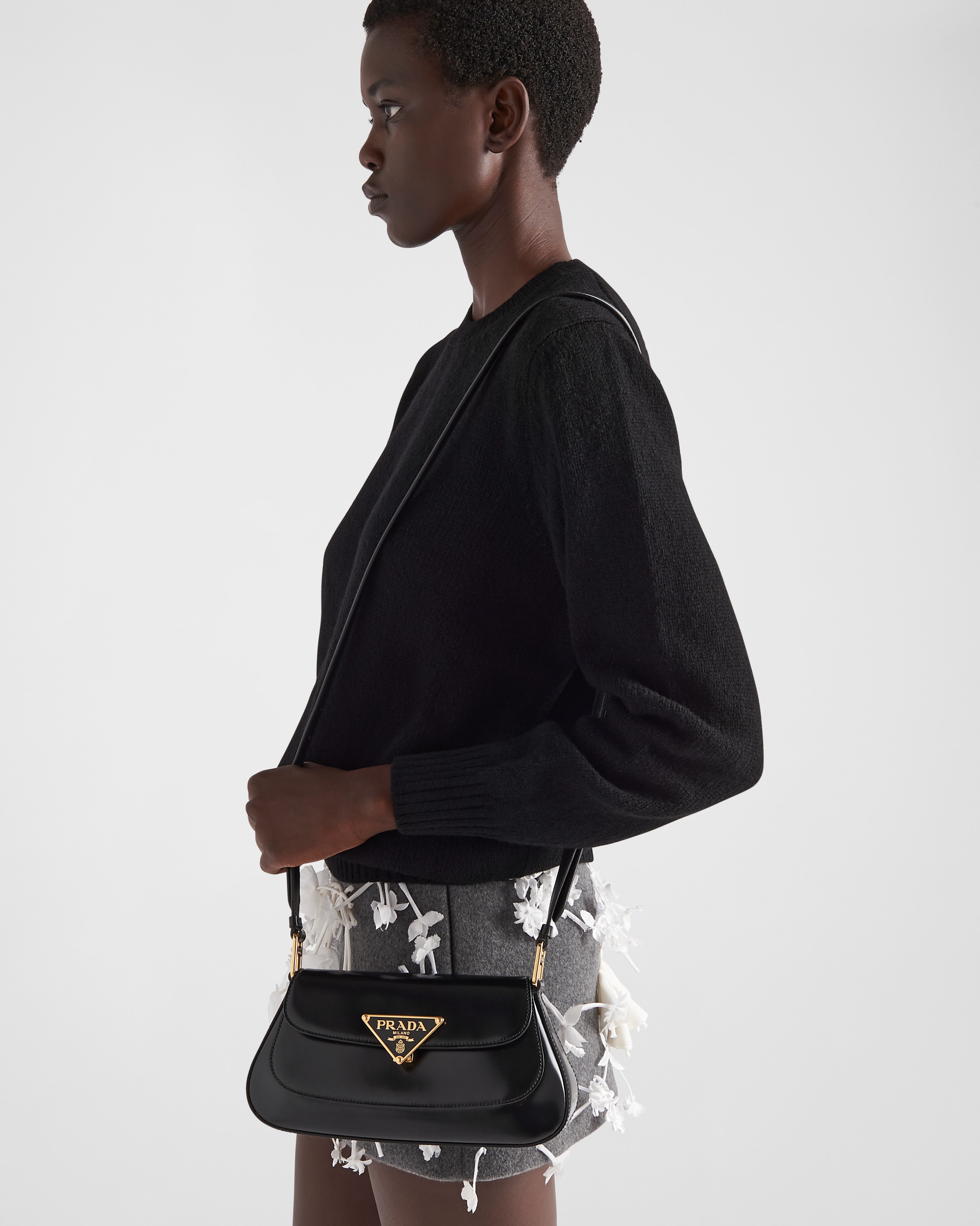Black Brushed Leather Shoulder Bag PRADA