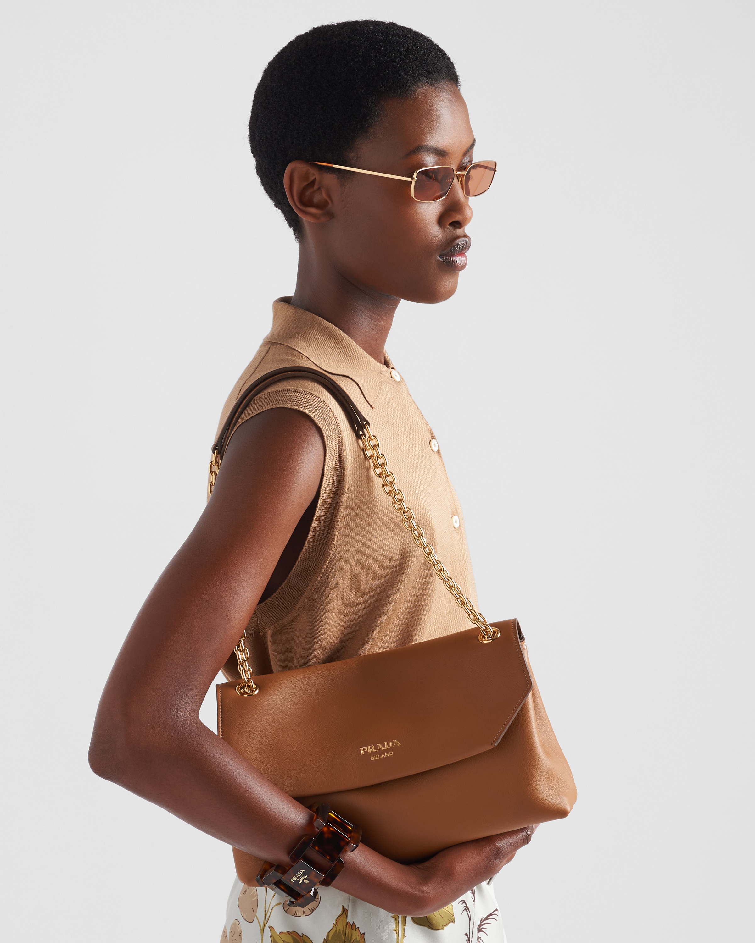 Shop Prada Medium Leather Shoulder Bag In Caramel