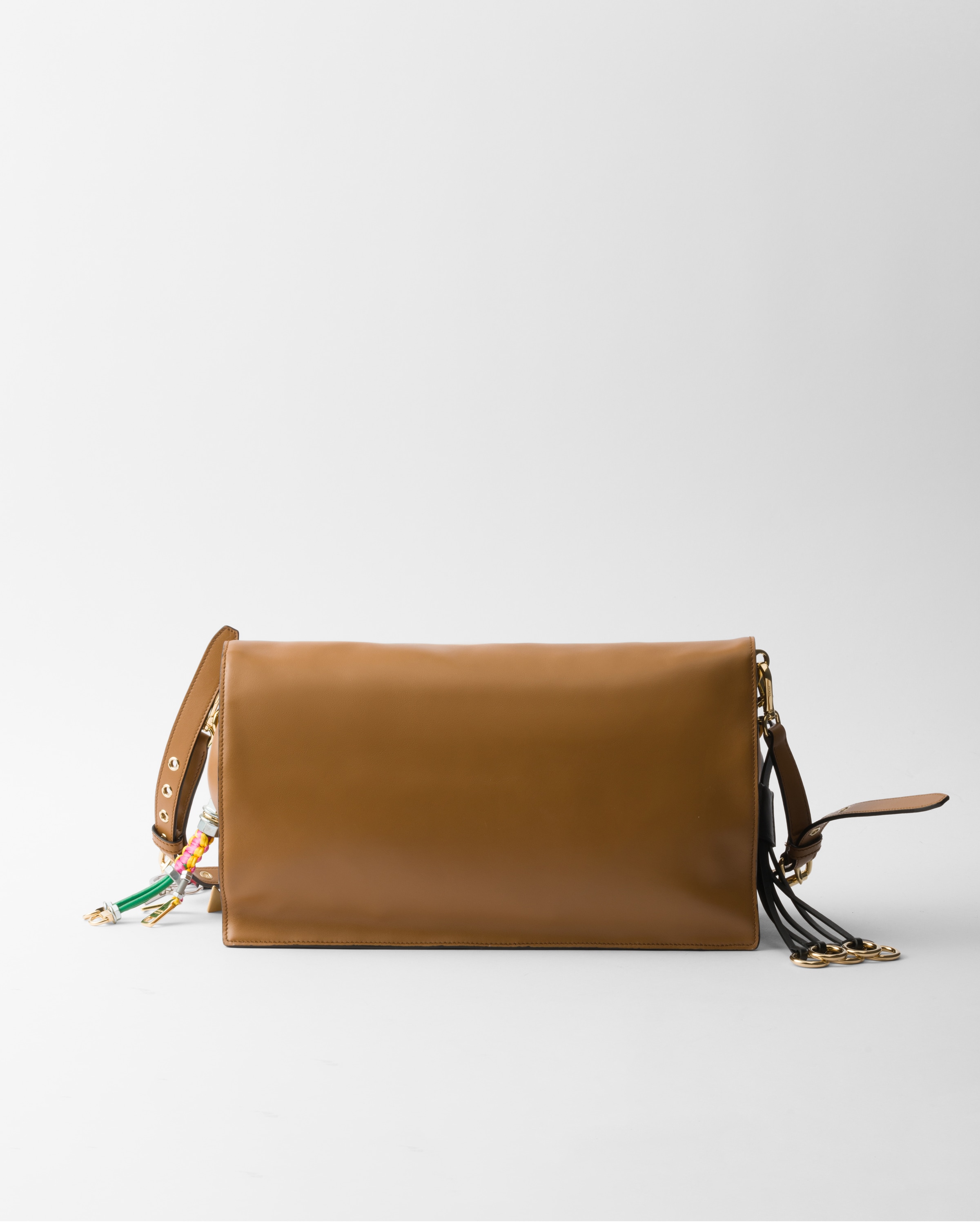 Prada Soft Sound Large Leather Shoulder Bag With Charms In Caramel