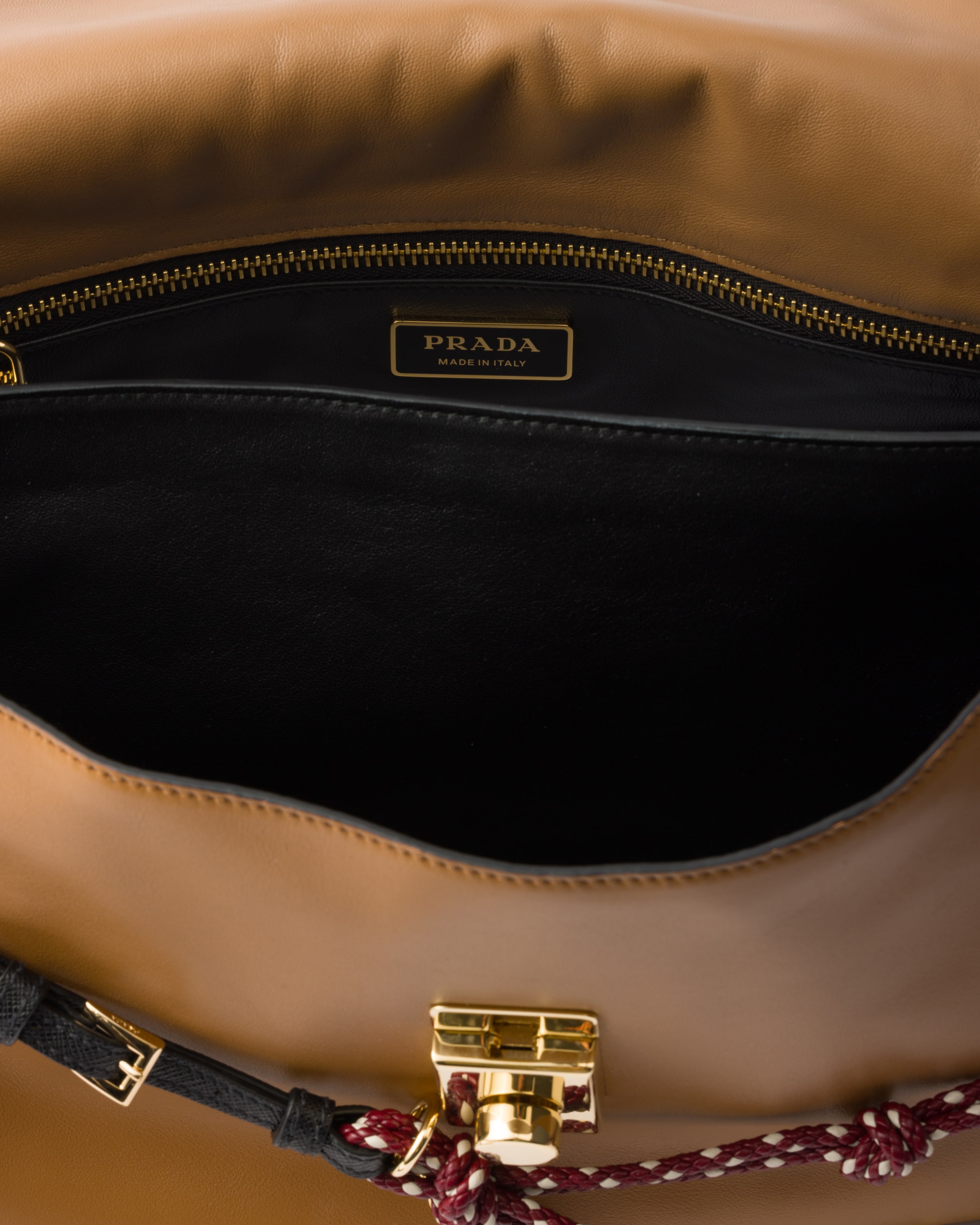 Prada Soft Sound Large Leather Shoulder Bag With Charms In Caramel