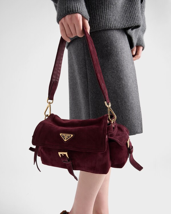 Prada Explore medium suede shoulder bag with flap Prada Explore medium suede shoulder bag with flap