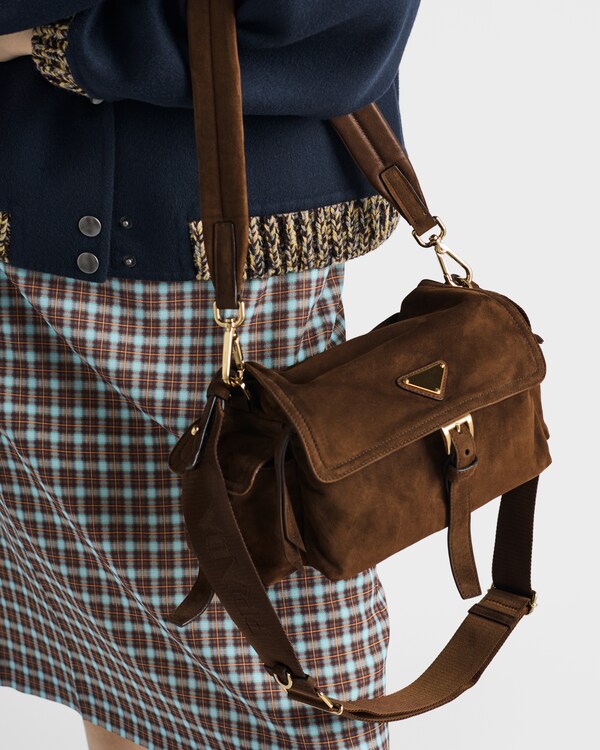 Prada Explore medium suede shoulder bag with flap Prada Explore medium suede shoulder bag with flap