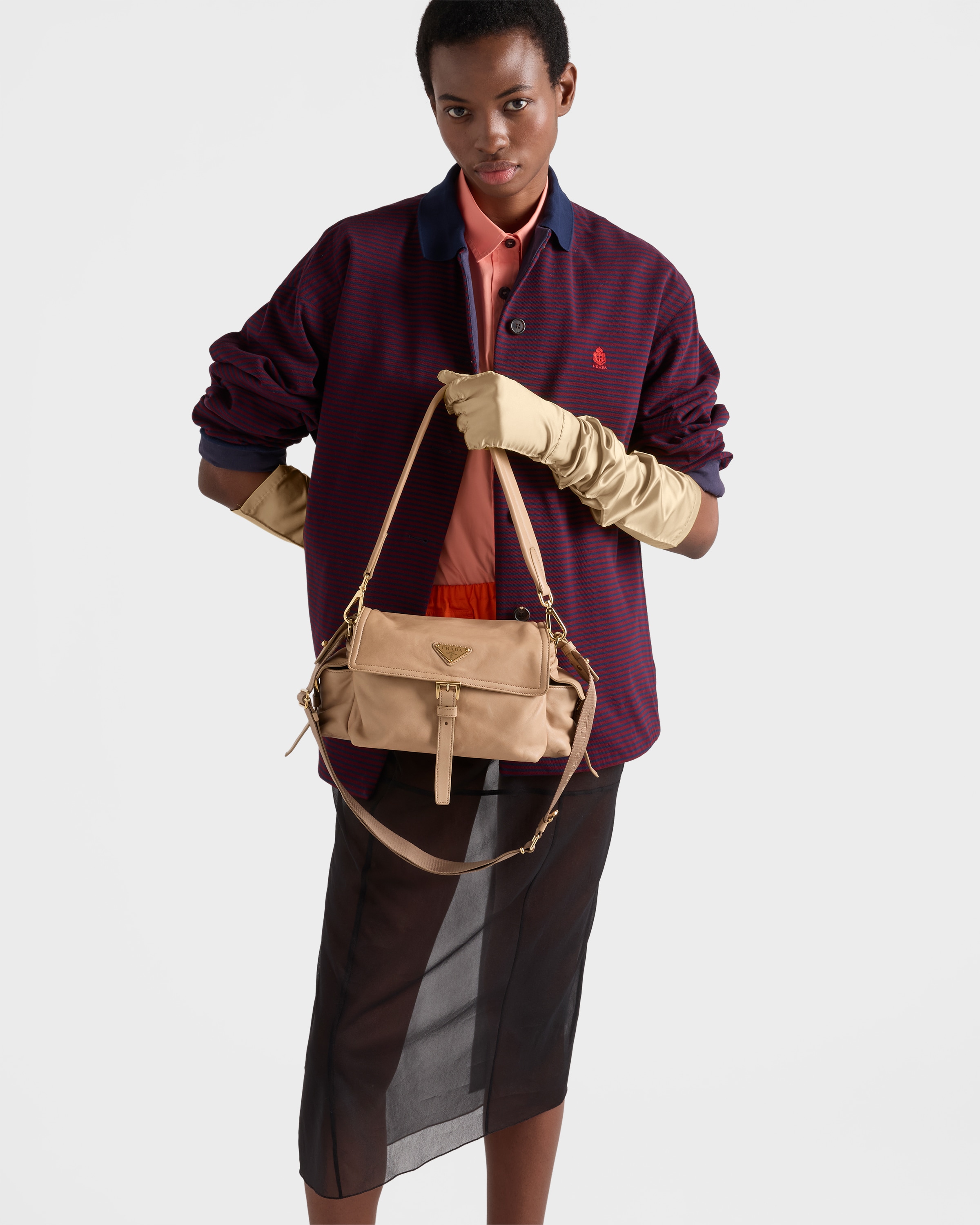 Sand Beige Prada Explore medium nappa leather shoulder bag with