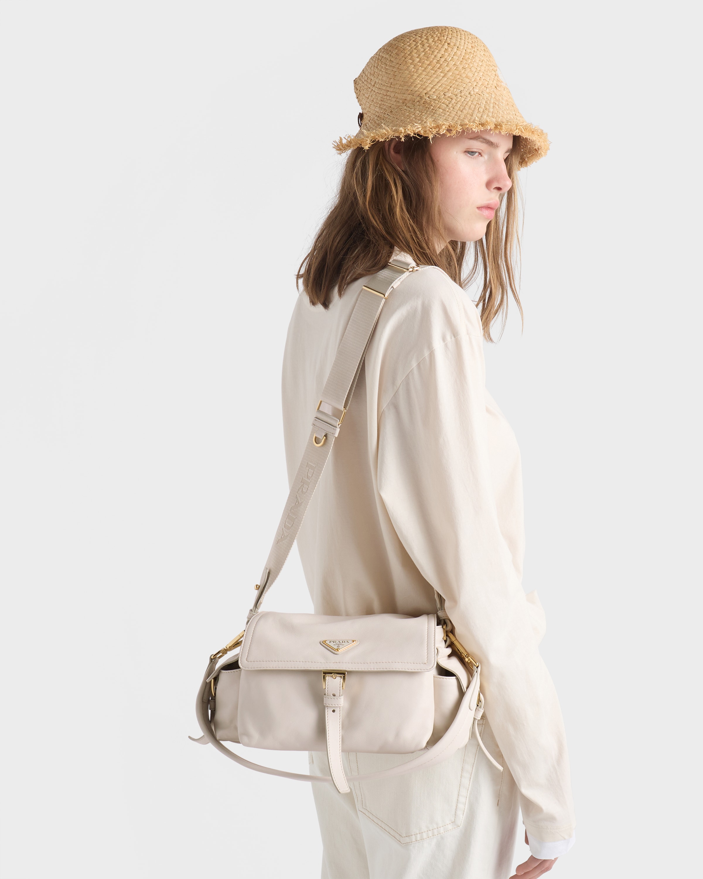 Chalk White Prada Explore medium nappa leather shoulder bag with