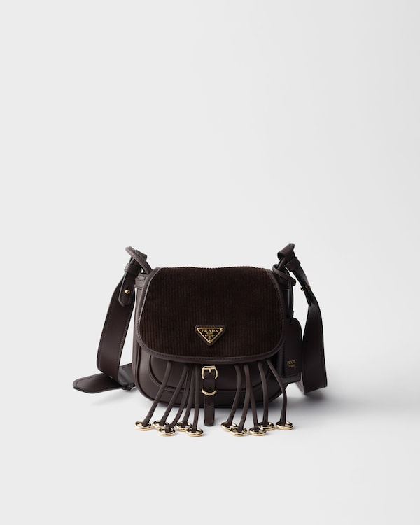 Mini sac porté épaule Prada Corsaire en velours côtelé et cuir - Ebène Mini sac porté épaule Prada Corsaire en velours côtelé et cuir - Ebène