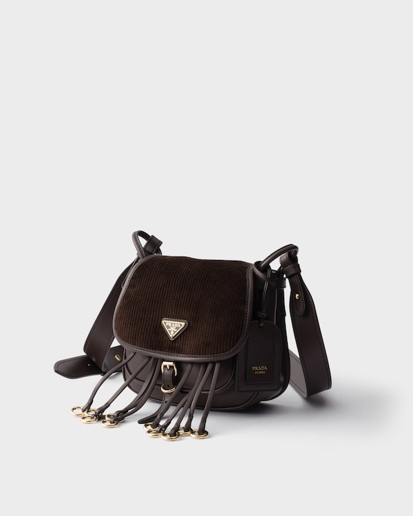 Mini sac porté épaule Prada Corsaire en velours côtelé et cuir - Ebène Mini sac porté épaule Prada Corsaire en velours côtelé et cuir - Ebène