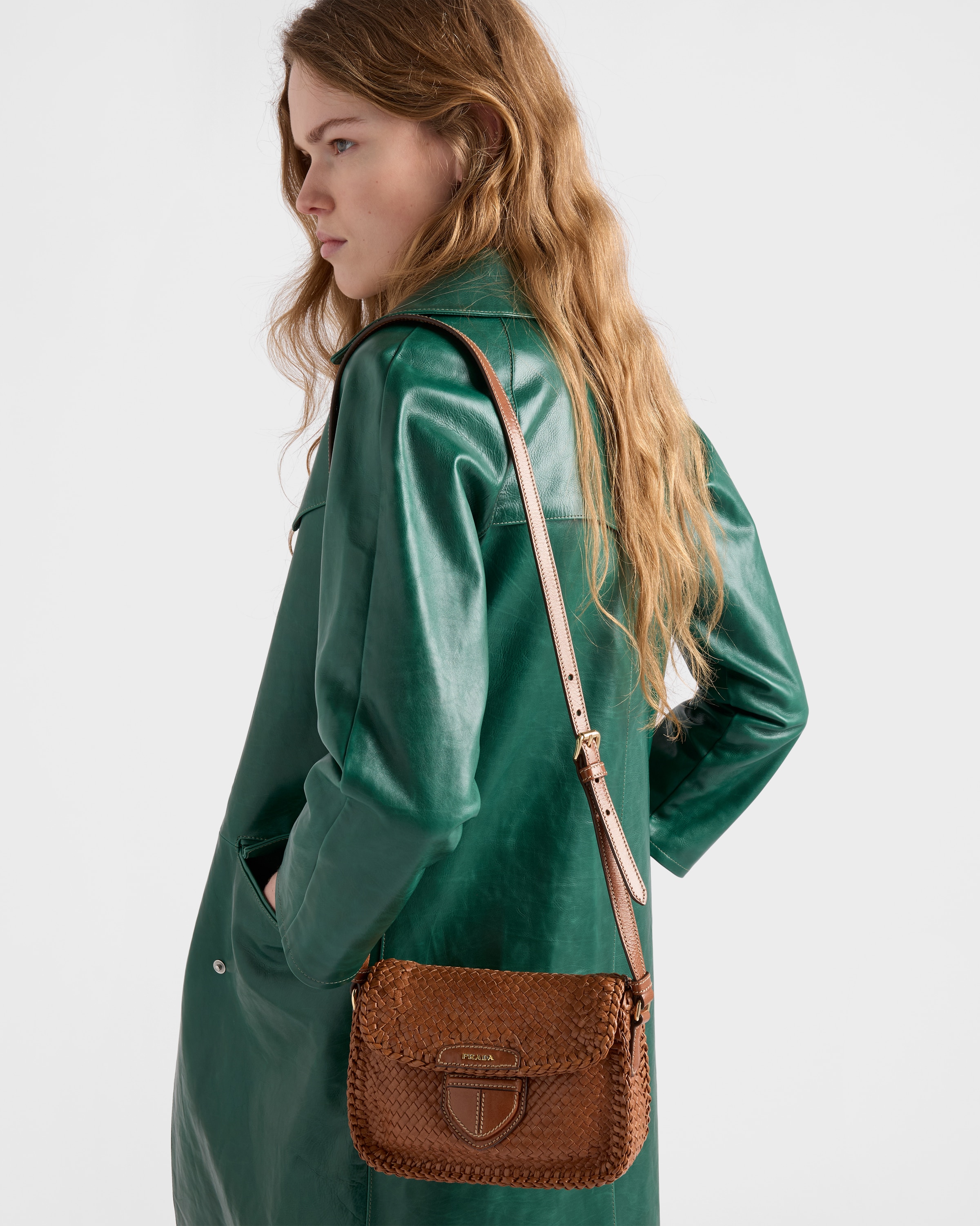 Cognac Woven leather mini shoulder bag | PRADA - Japan