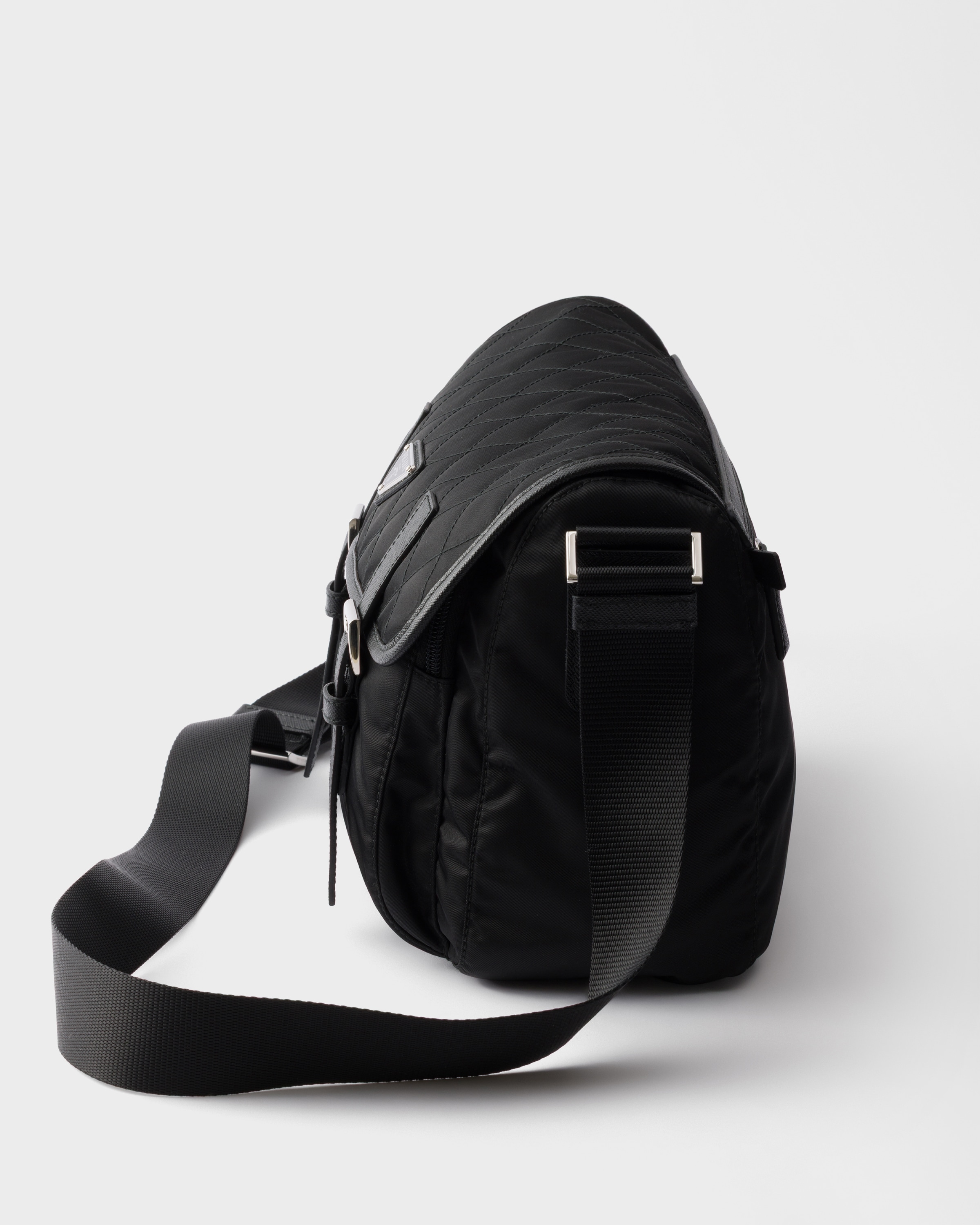 Black Large Quilted Re-nylon Shoulder Bag With Saffiano Trim