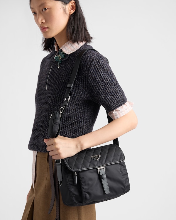Medium quilted Re-Nylon shoulder bag with Saffiano leather trim - Black Medium quilted Re-Nylon shoulder bag with Saffiano leather trim - Black