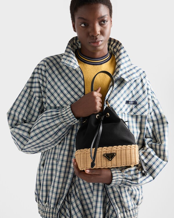 Wicker and canvas bucket bag - Tan/Black Wicker and canvas bucket bag - Tan/Black