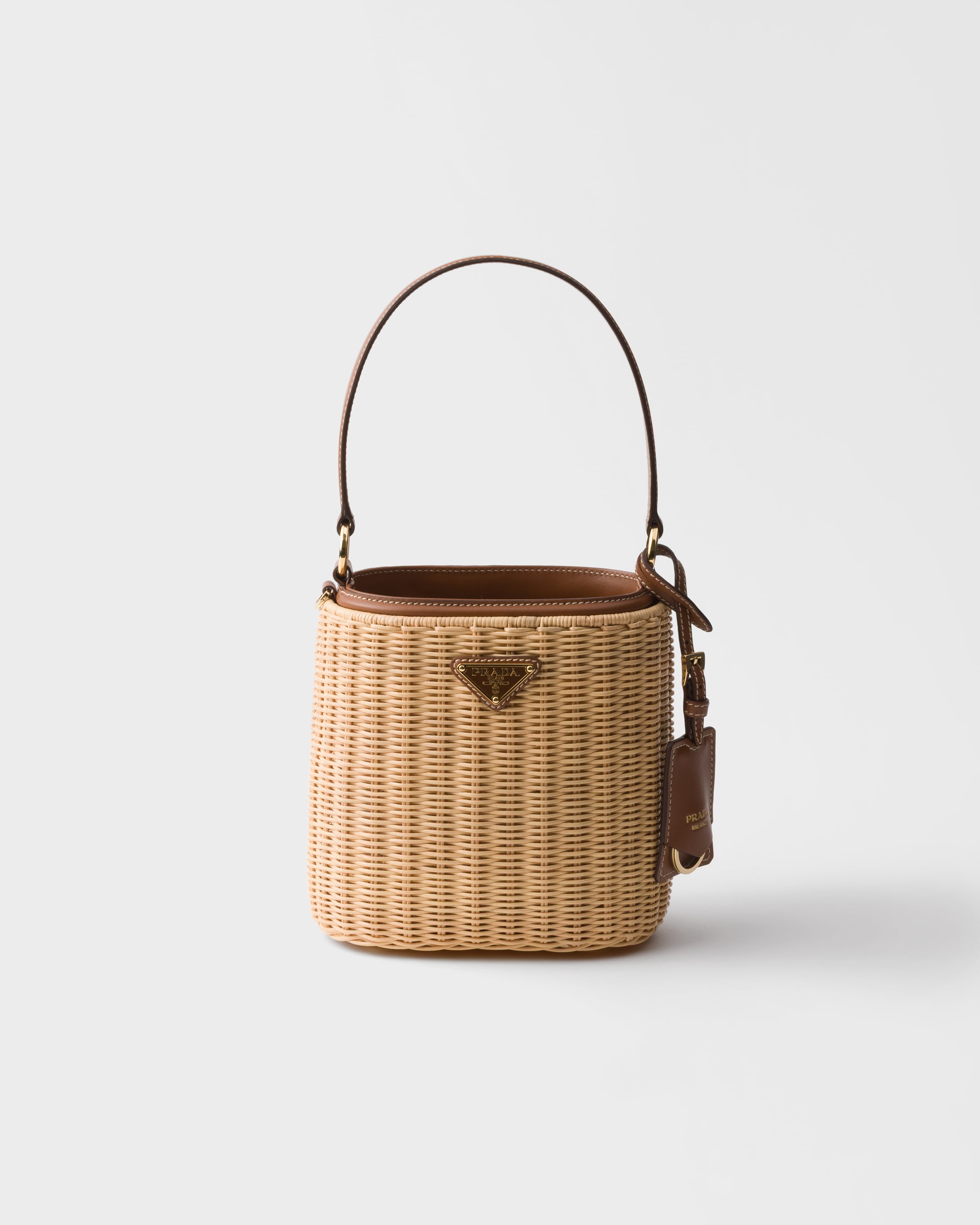 Beige/Cognac Wicker and leather bucket bag | PRADA - United States