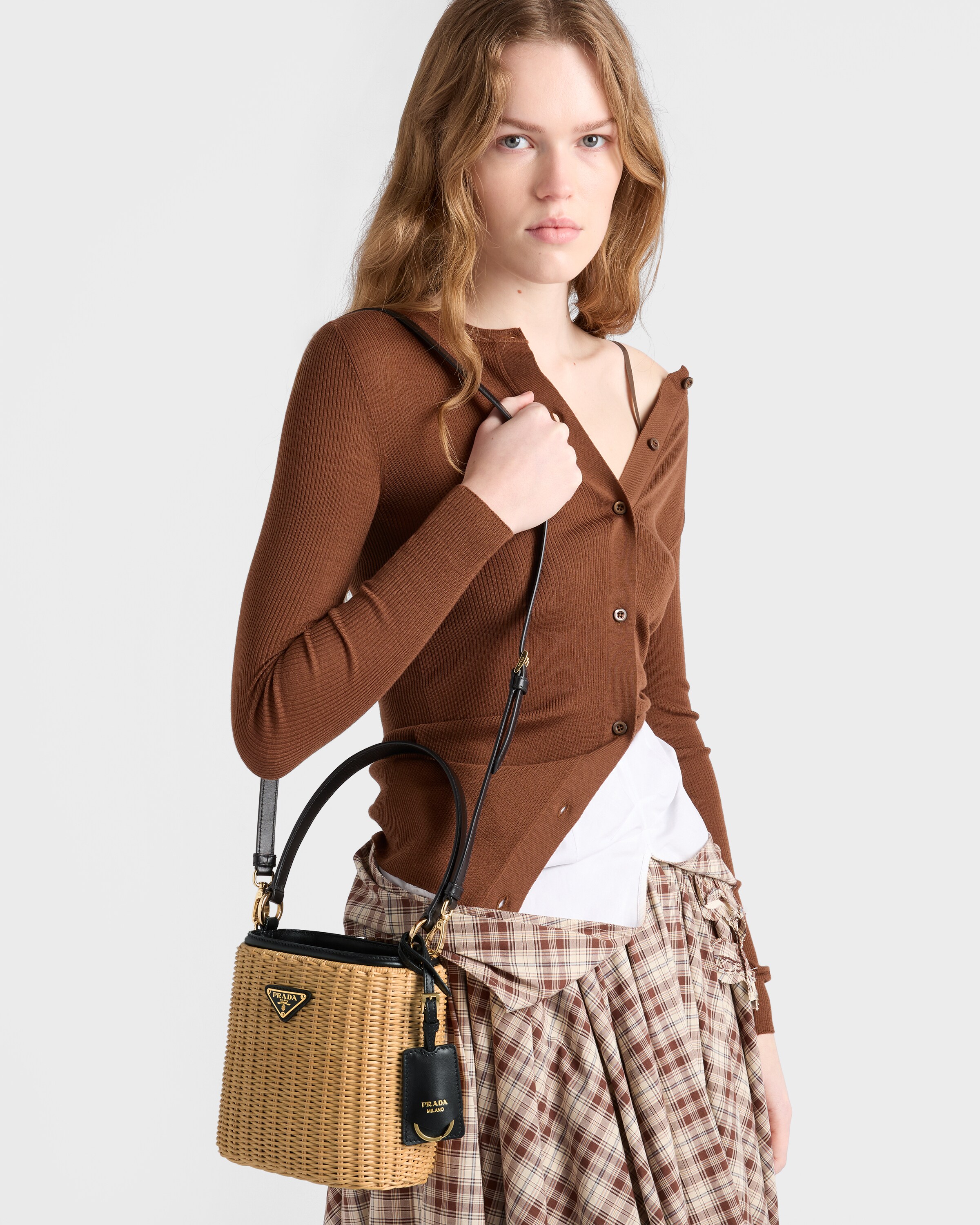 Tan/black Wicker And Leather Bucket Bag | PRADA - United States