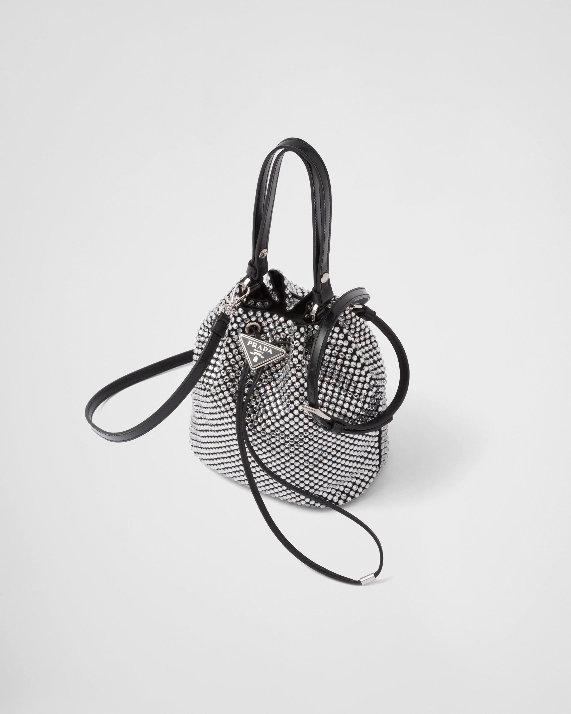 Prada Mini Crystal-embellished Satin Bucket Bag - Black