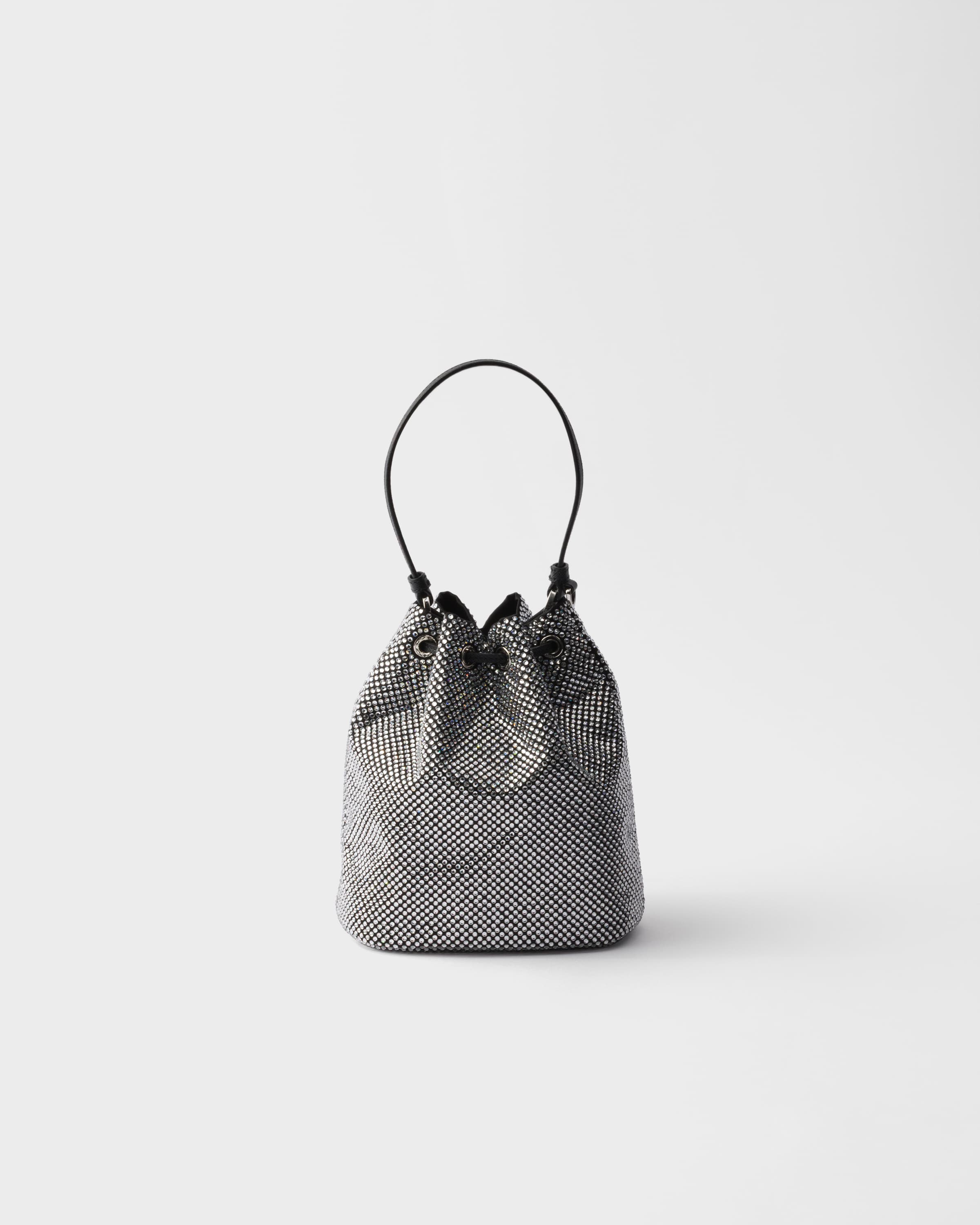 Prada Crystal-studded Mini Satin Bucket Bag In Transparent