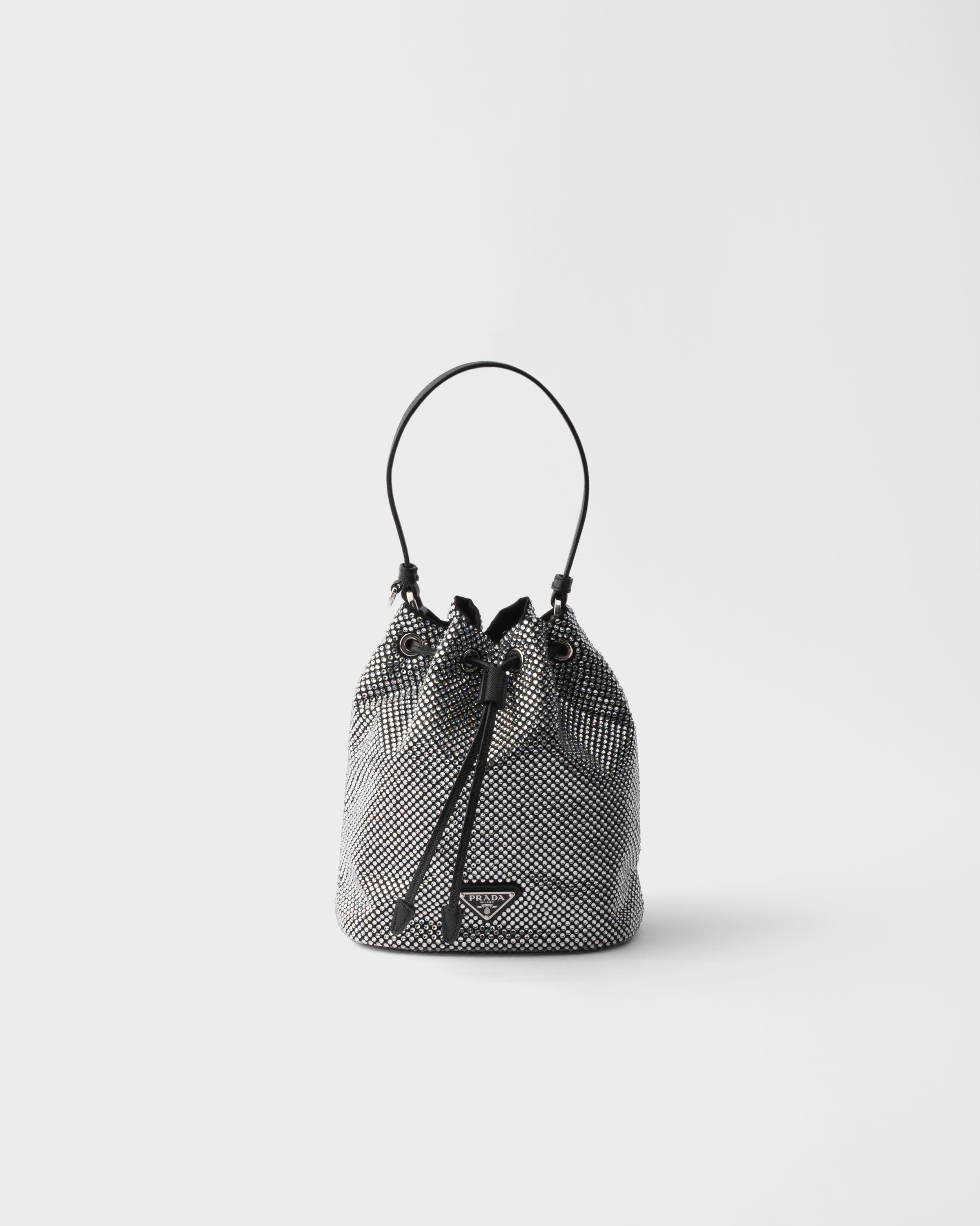 Prada Crystal-studded Mini Satin Bucket Bag In Transparent