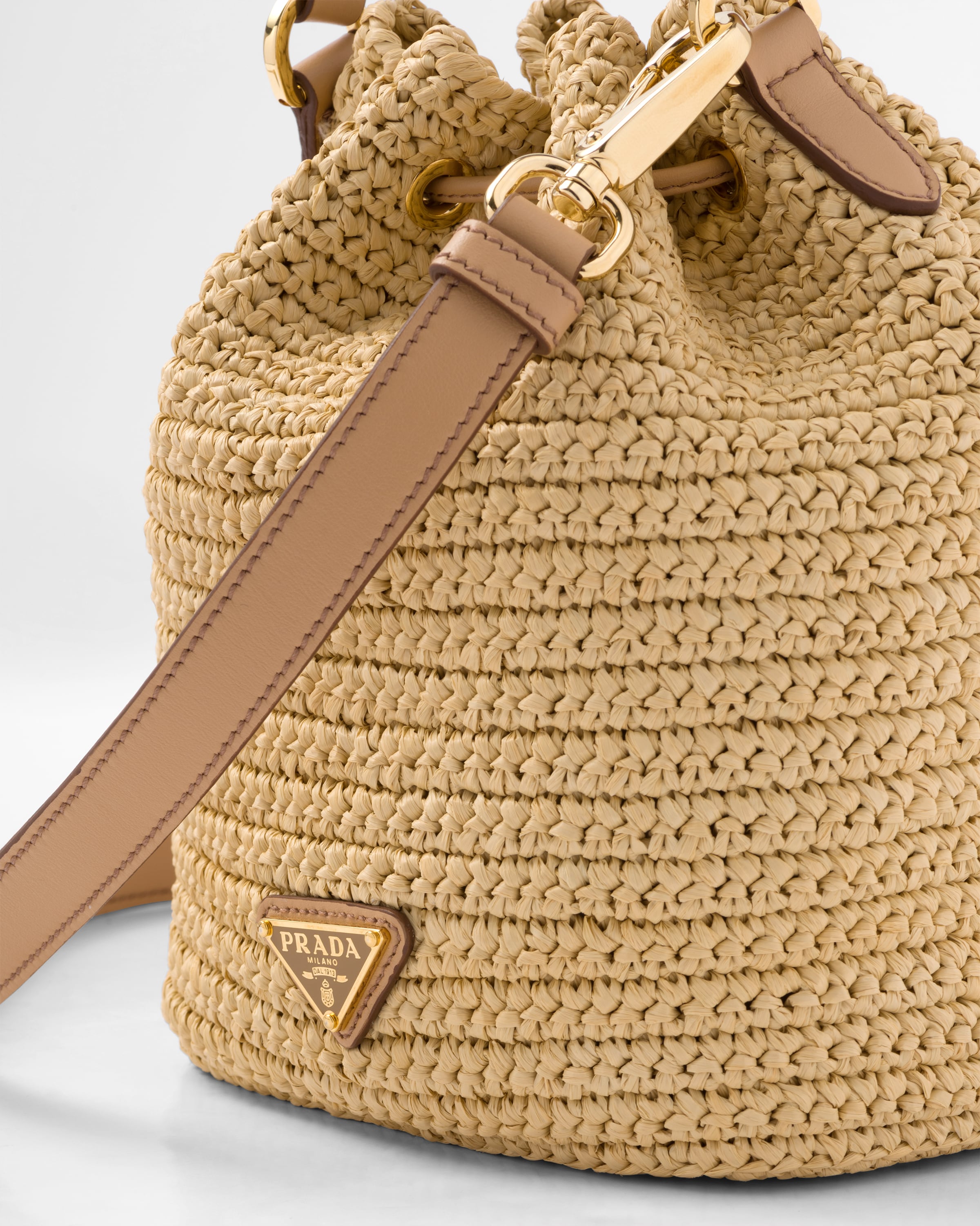 Crochet and leather mini bucket bag