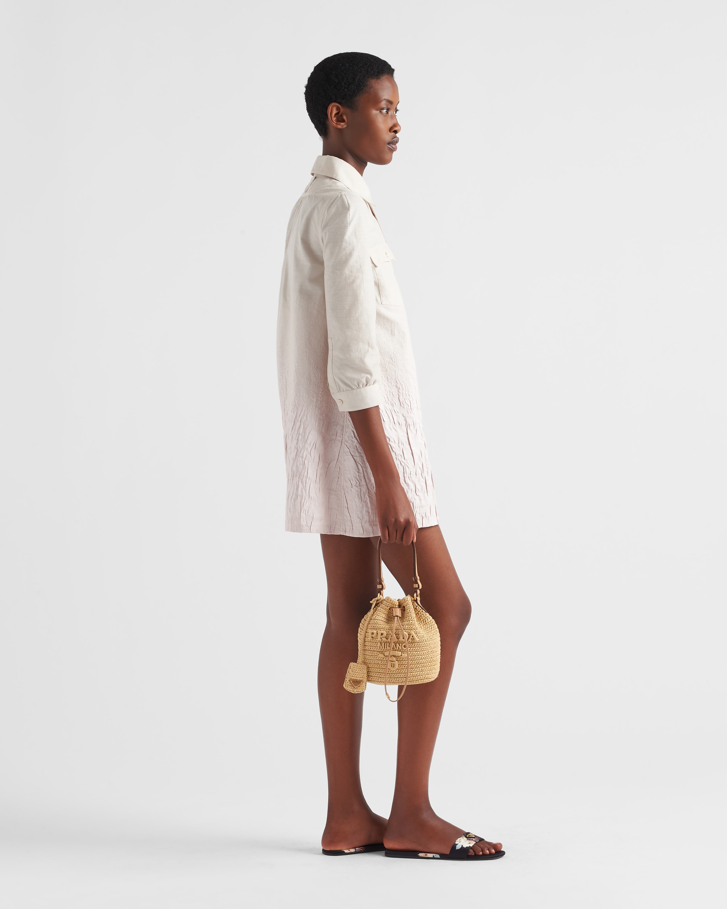 Shop Prada Gehäkelte Mini Bucket Bag Aus Leder In Natural