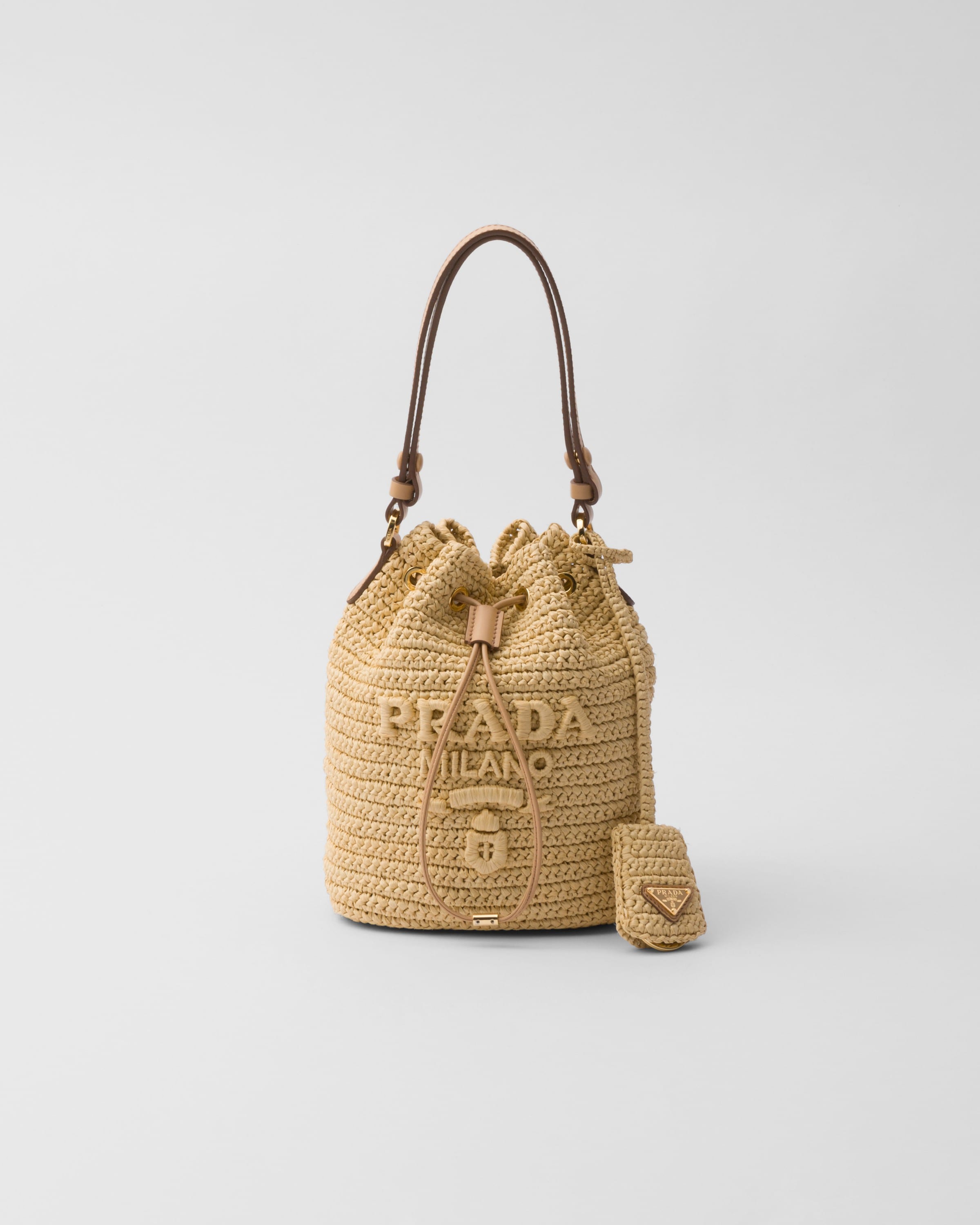 Prada Crochet And Leather Mini-bucket Bag In Brown