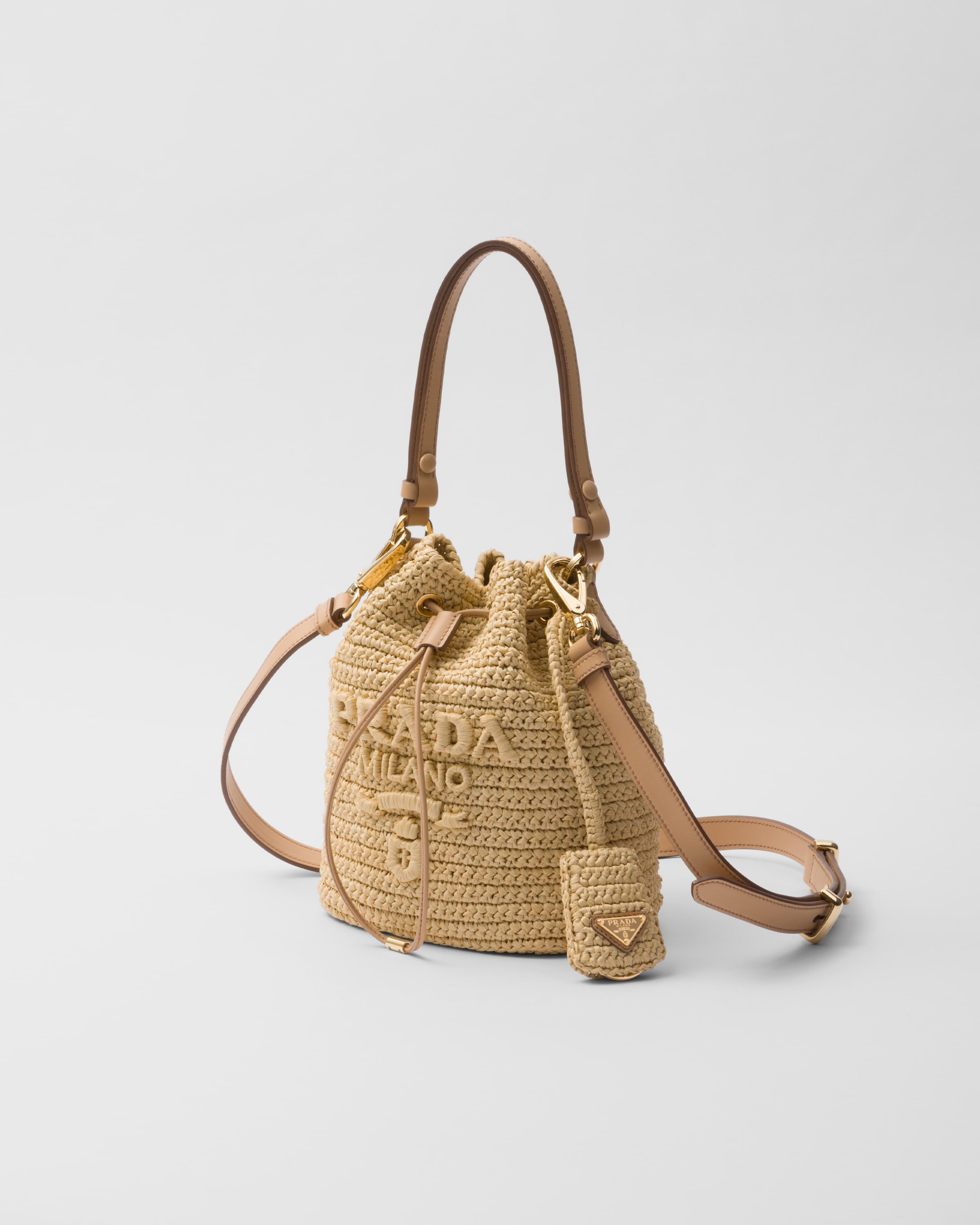 Shop Prada Gehäkelte Mini Bucket Bag Aus Leder In Natural