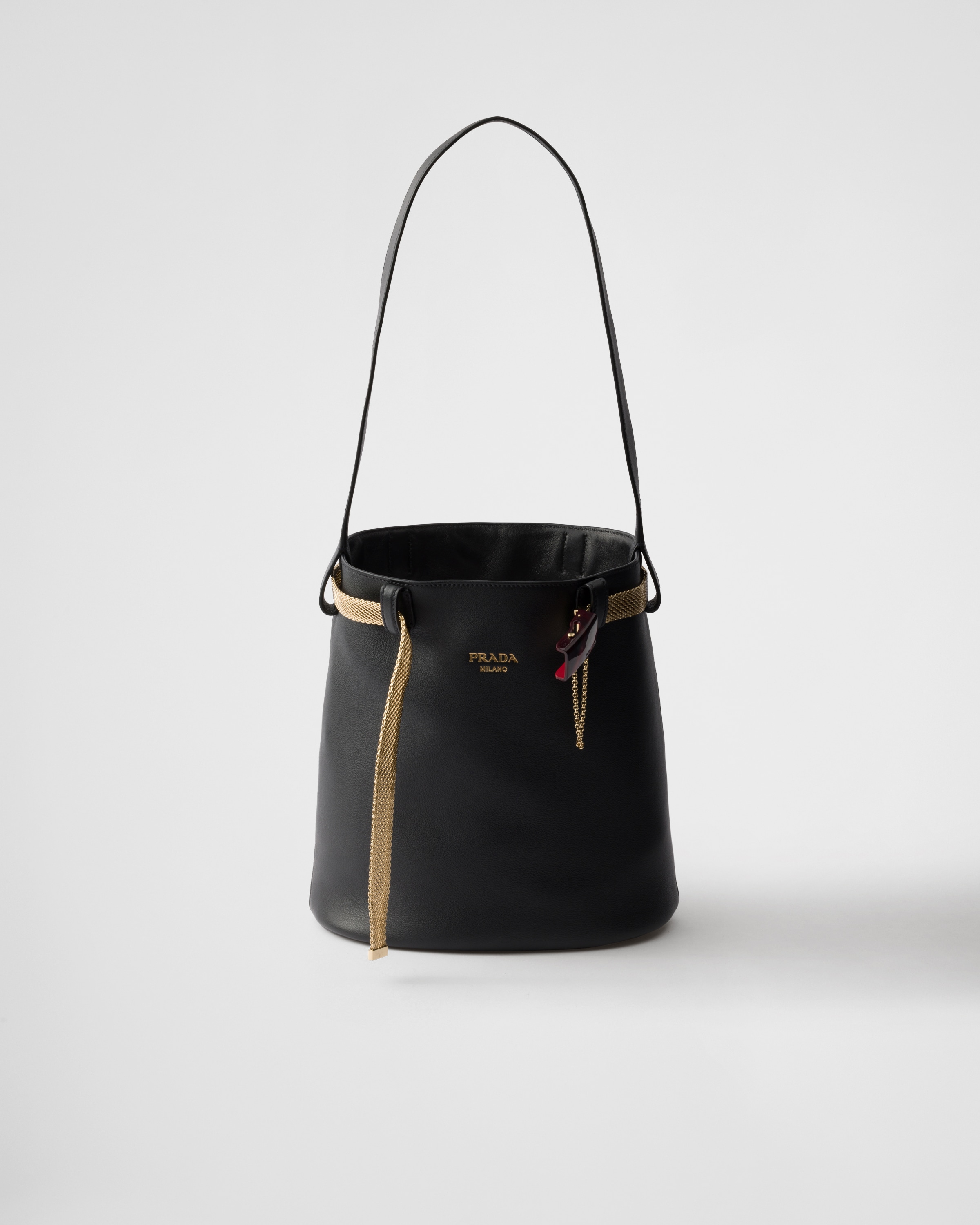 Black Prada Buckle leather bucket bag with jeweled belt | PRADA