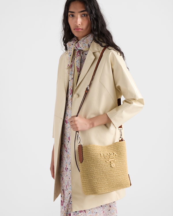 Small crochet and leather bucket bag - Beige/Brandy Small crochet and leather bucket bag - Beige/Brandy