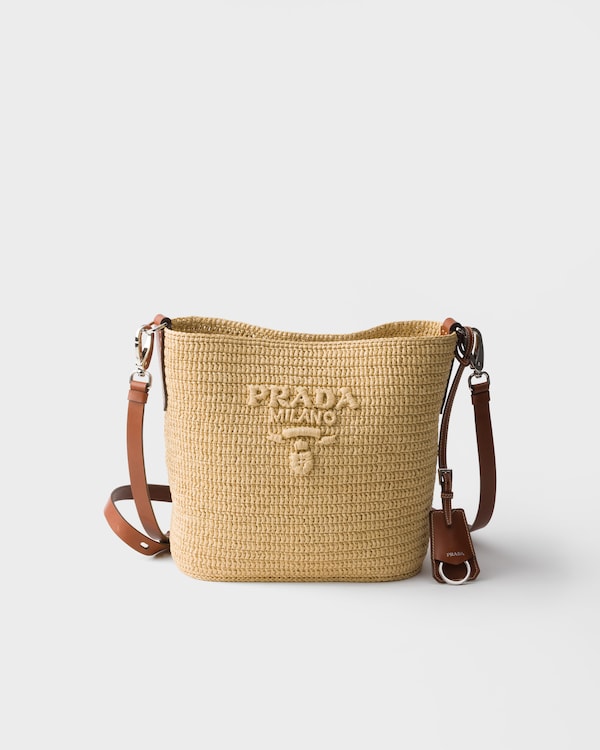 Small crochet and leather bucket bag - Beige/Brandy Small crochet and leather bucket bag - Beige/Brandy