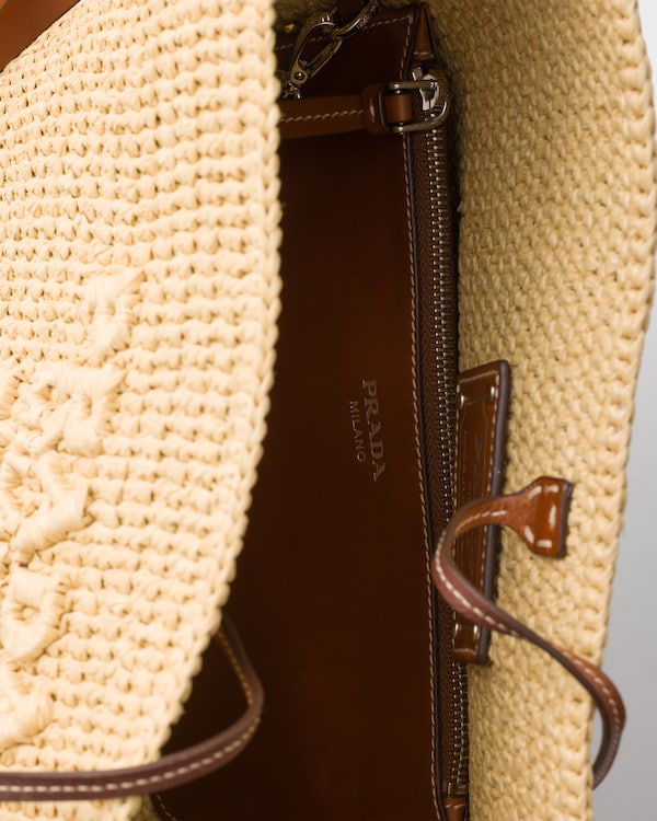 Small crochet and leather bucket bag - Beige/Brandy Small crochet and leather bucket bag - Beige/Brandy
