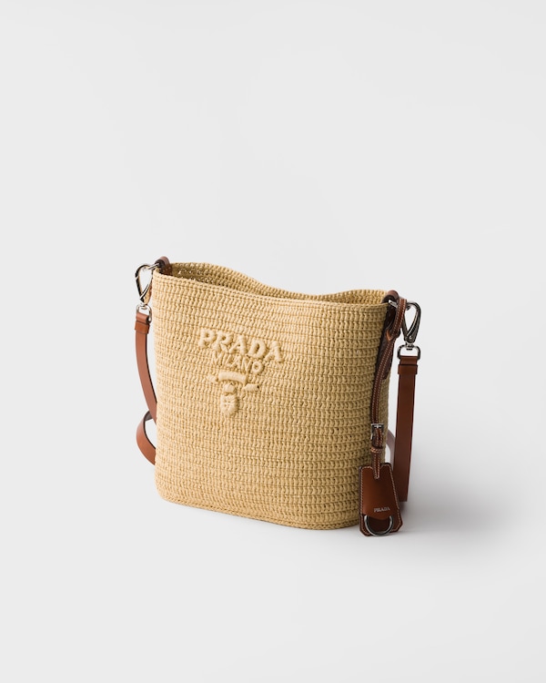 Small crochet and leather bucket bag - Beige/Brandy Small crochet and leather bucket bag - Beige/Brandy