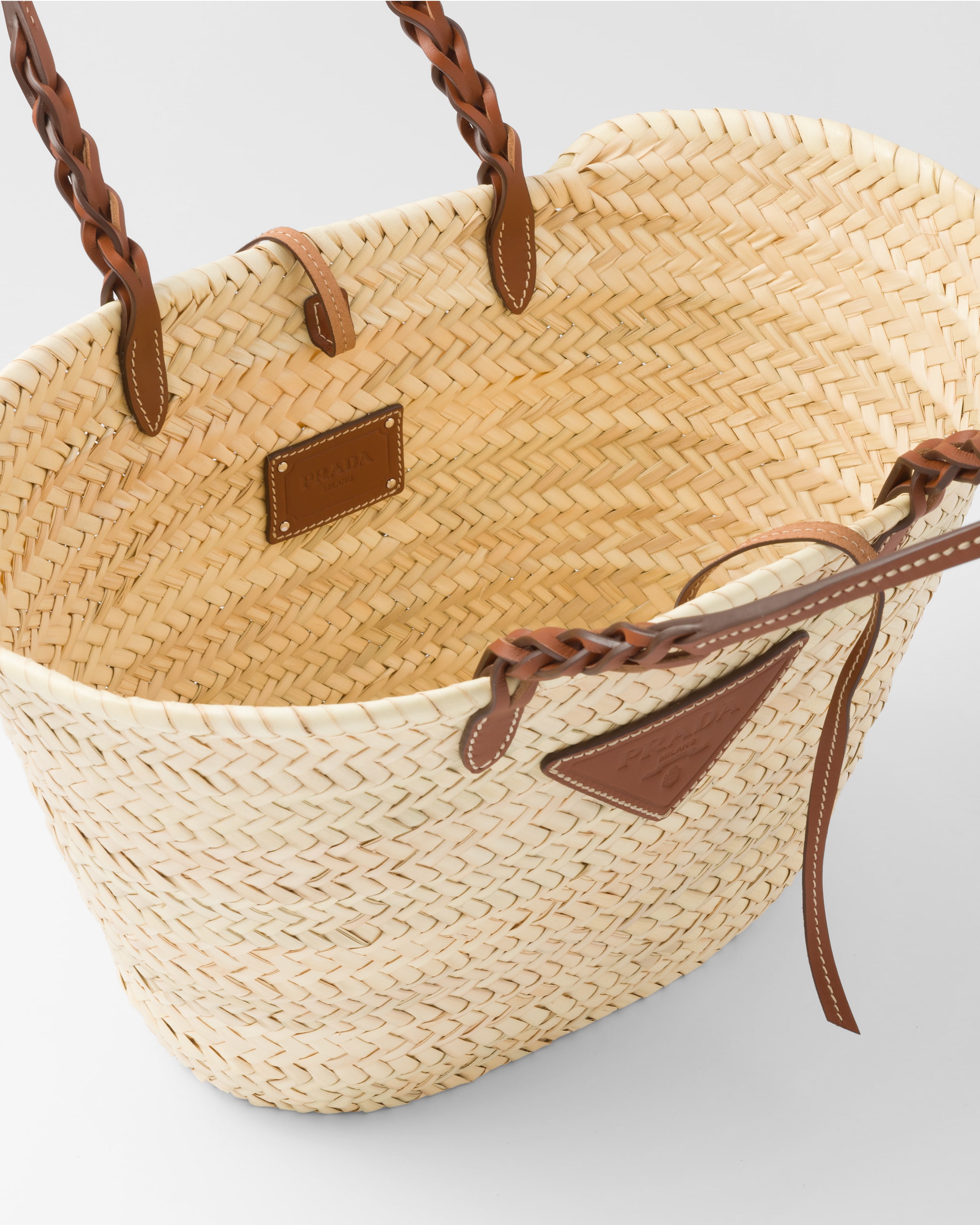 Prada woven palm and leather tote Clearance