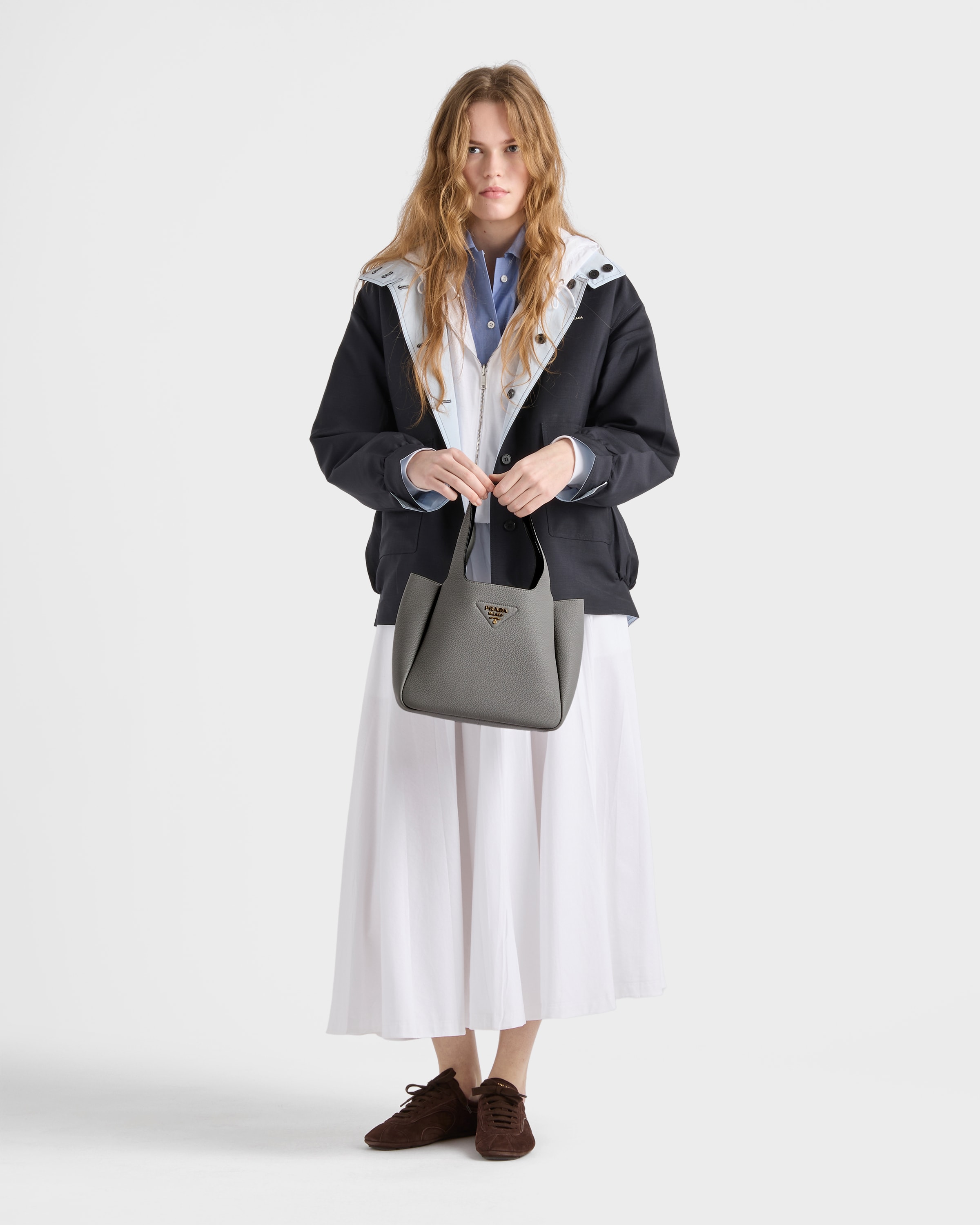 Granite Gray Small leather tote bag | PRADA - United States