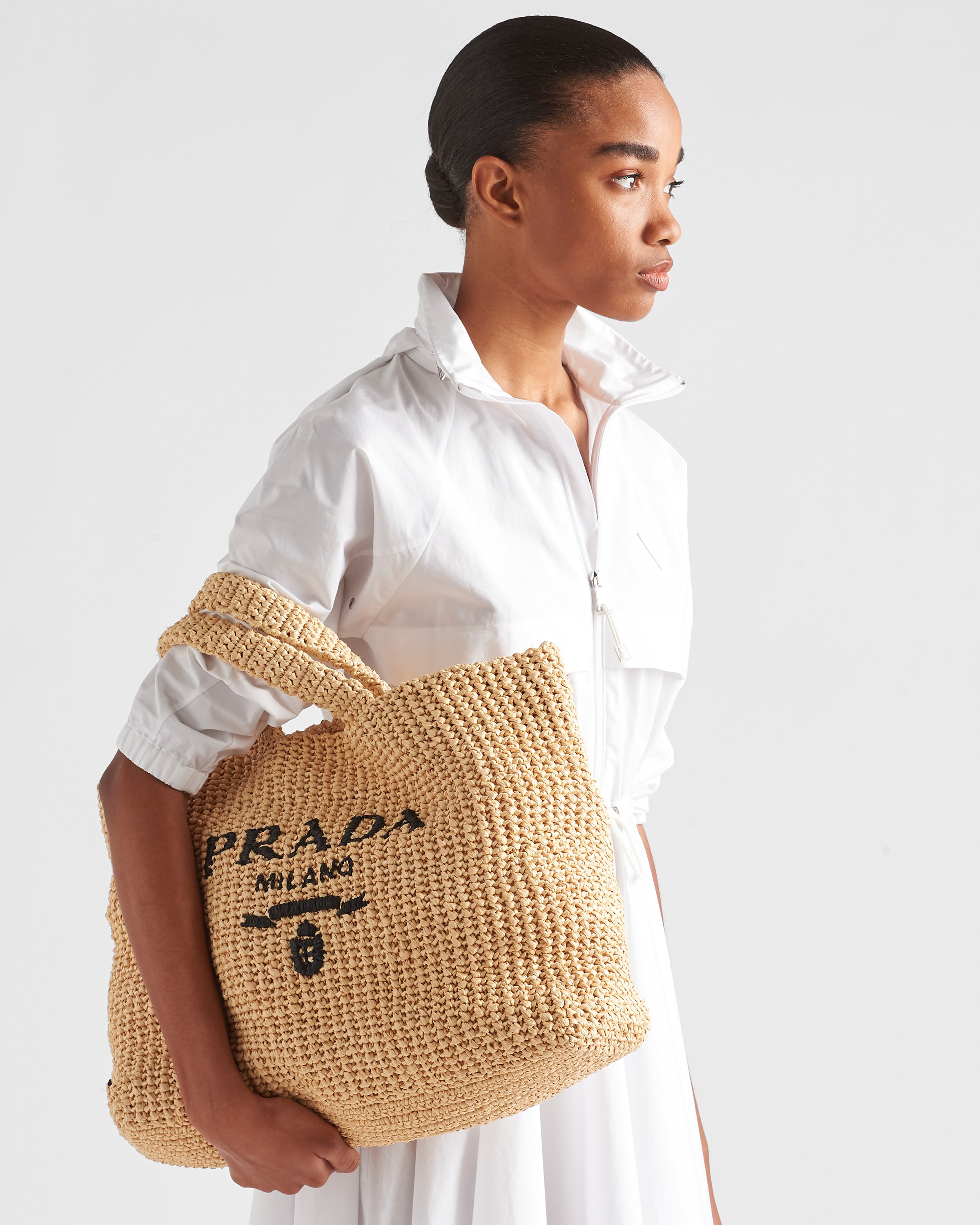 Medium Logo Raffia Tote in Beige - Prada