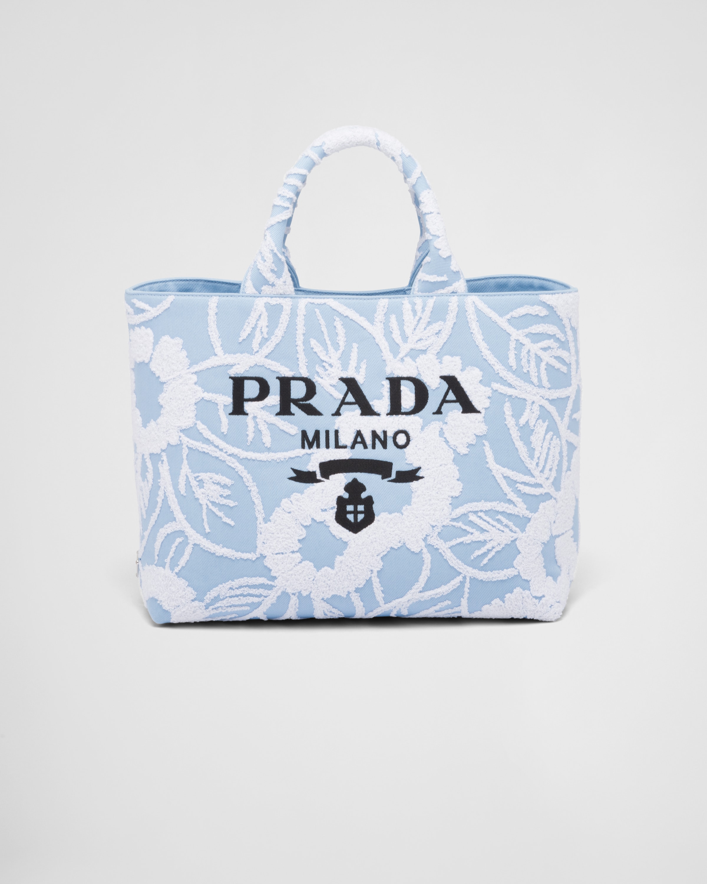 Sky Blue/white Embroidered drill tote bag Prada